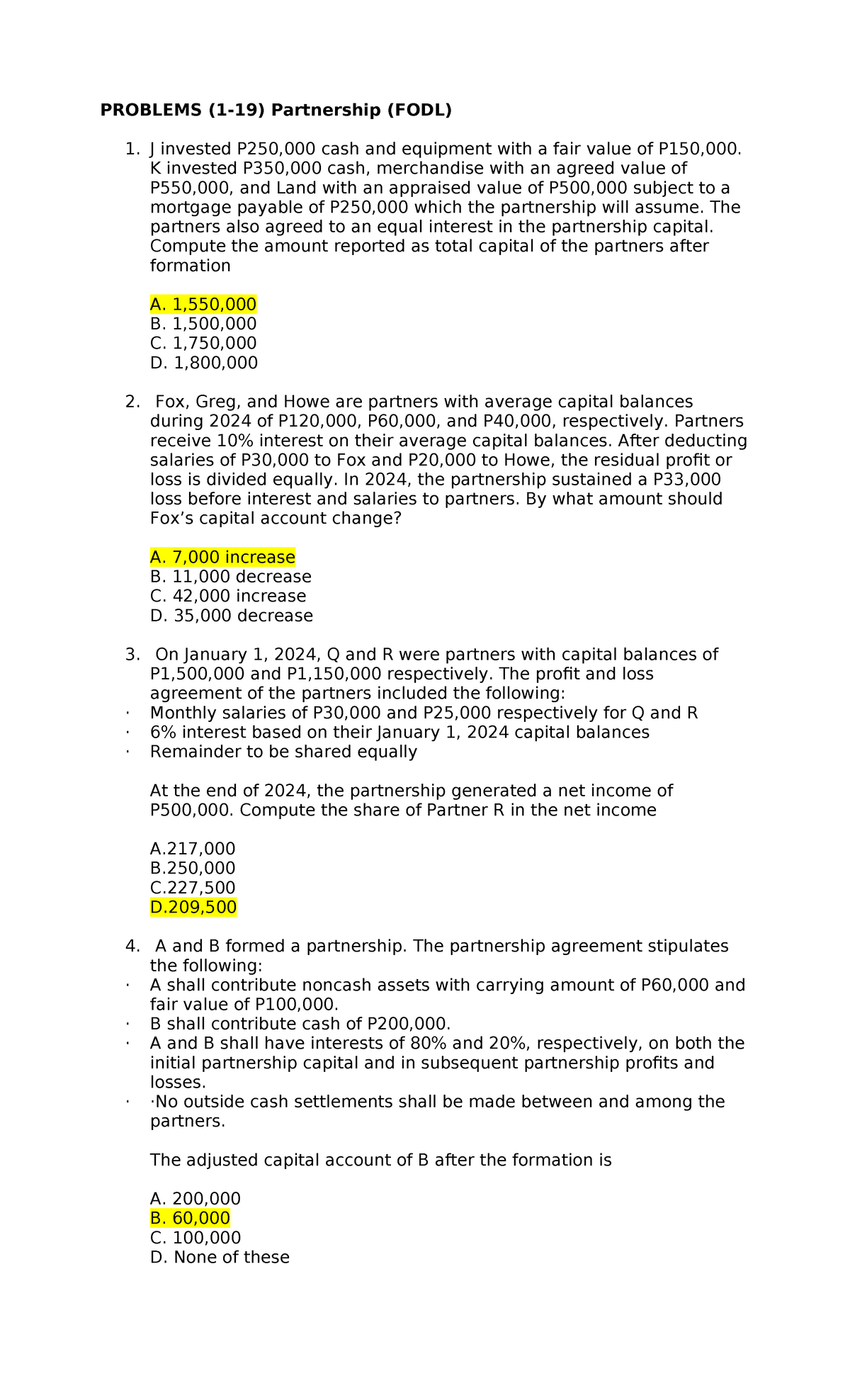 Partnership Accounting Quiz (FODL) - Key Problems and Solutions - Studocu
