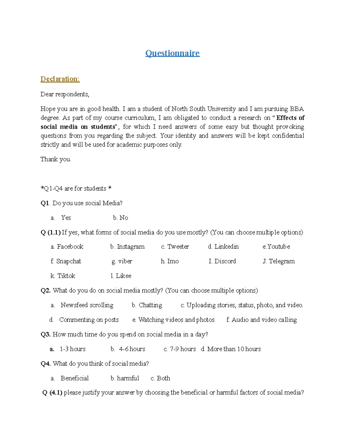 BBA Research Questionnaire on Social Media Effects on Students - Studocu