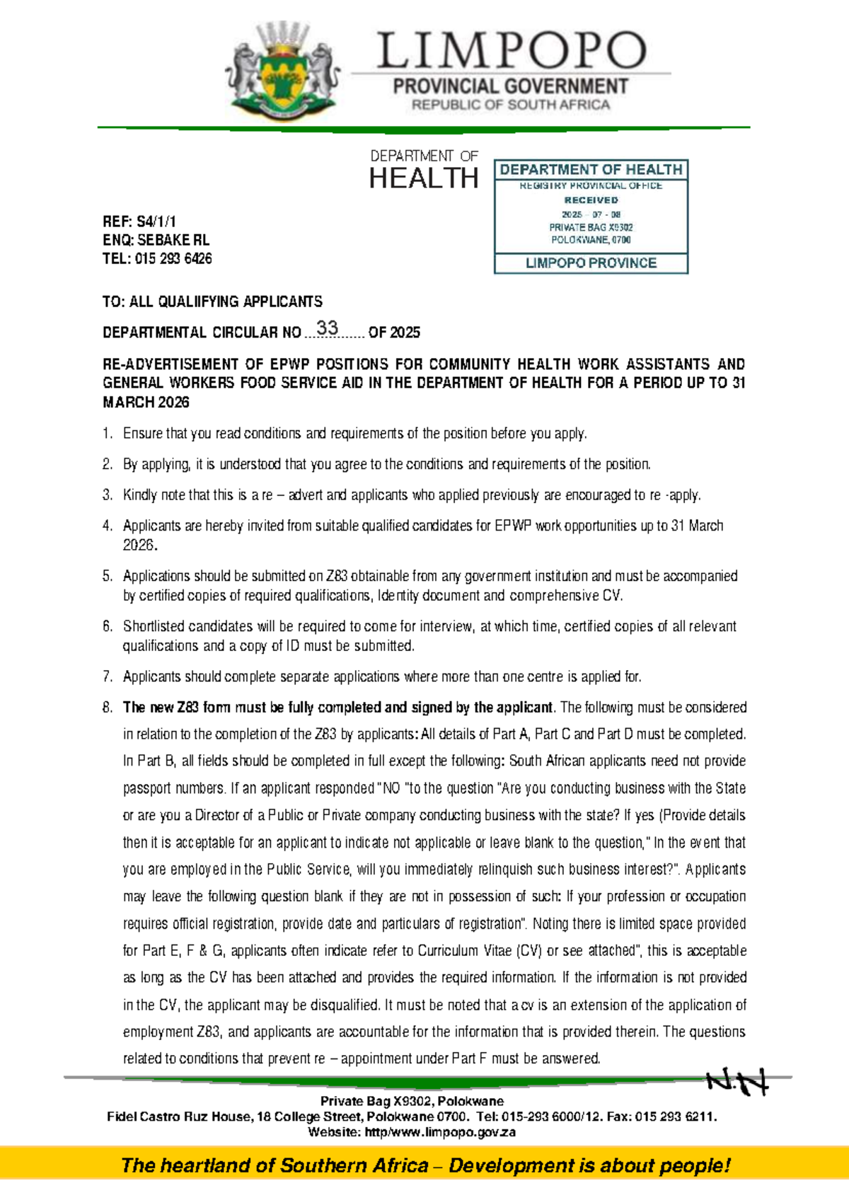Departmental Circular No 33 of 2025: EPWP Positions for Community ...
