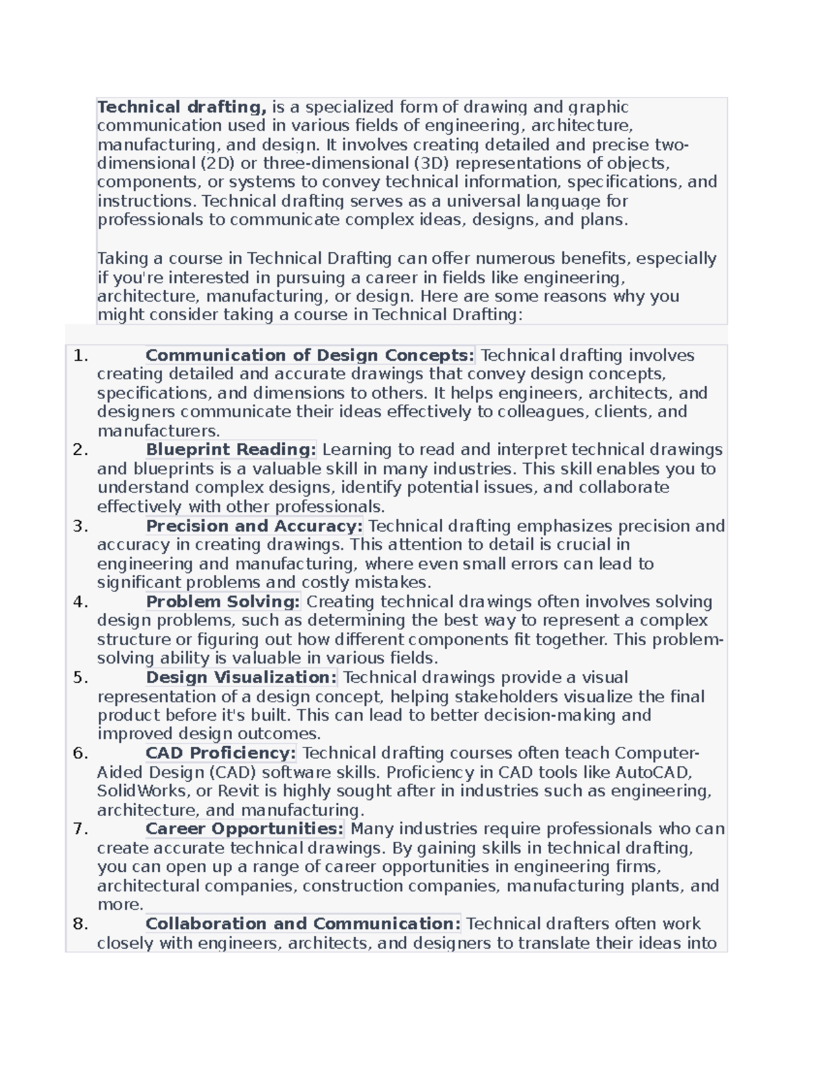 Benefits of Taking a Course in Technical Drafting (ENG 101) - Studocu