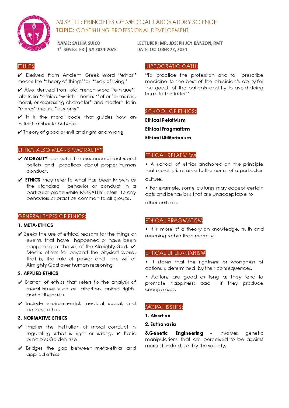 MLSP111: Ethics in Medical Laboratory Science - Study Notes - Studocu