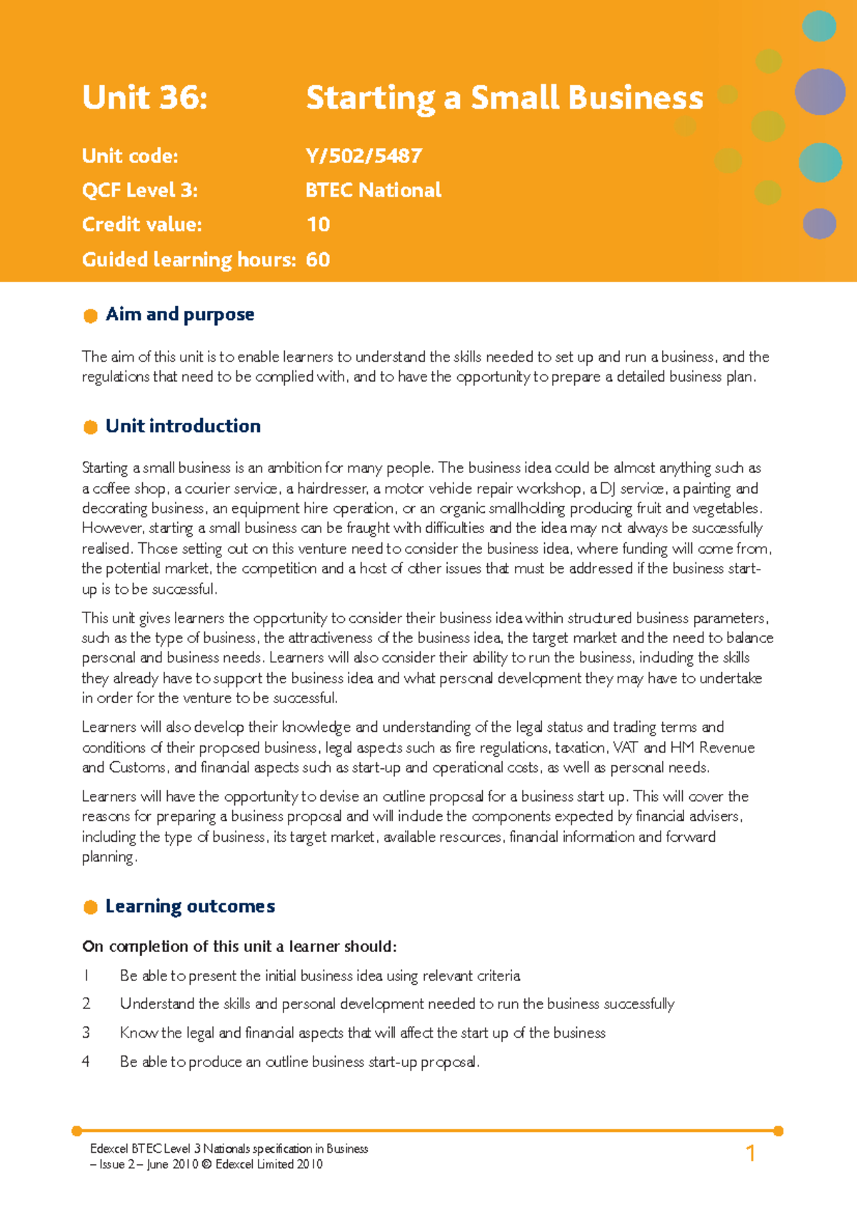 Unit 36: Starting a Small Business - Edexcel BTEC Level 3 Guide - Studocu