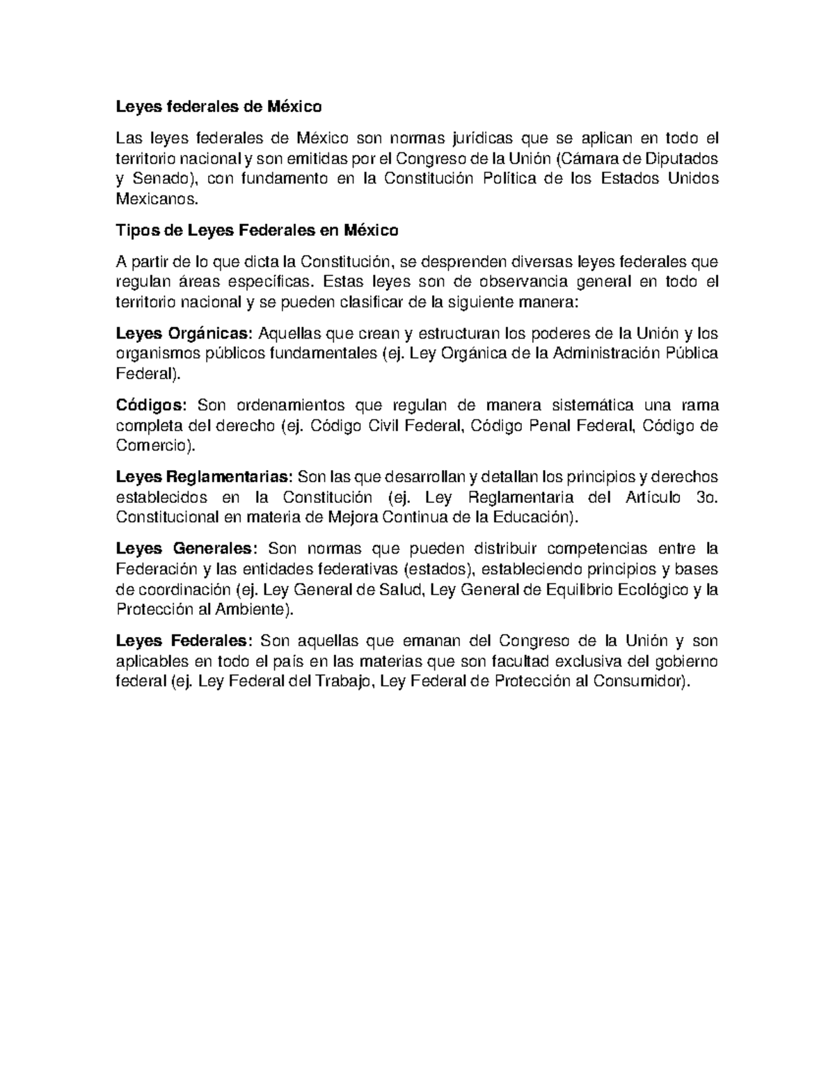 Leyes Federales de México: Tipos y Clasificación Jurídica - Studocu