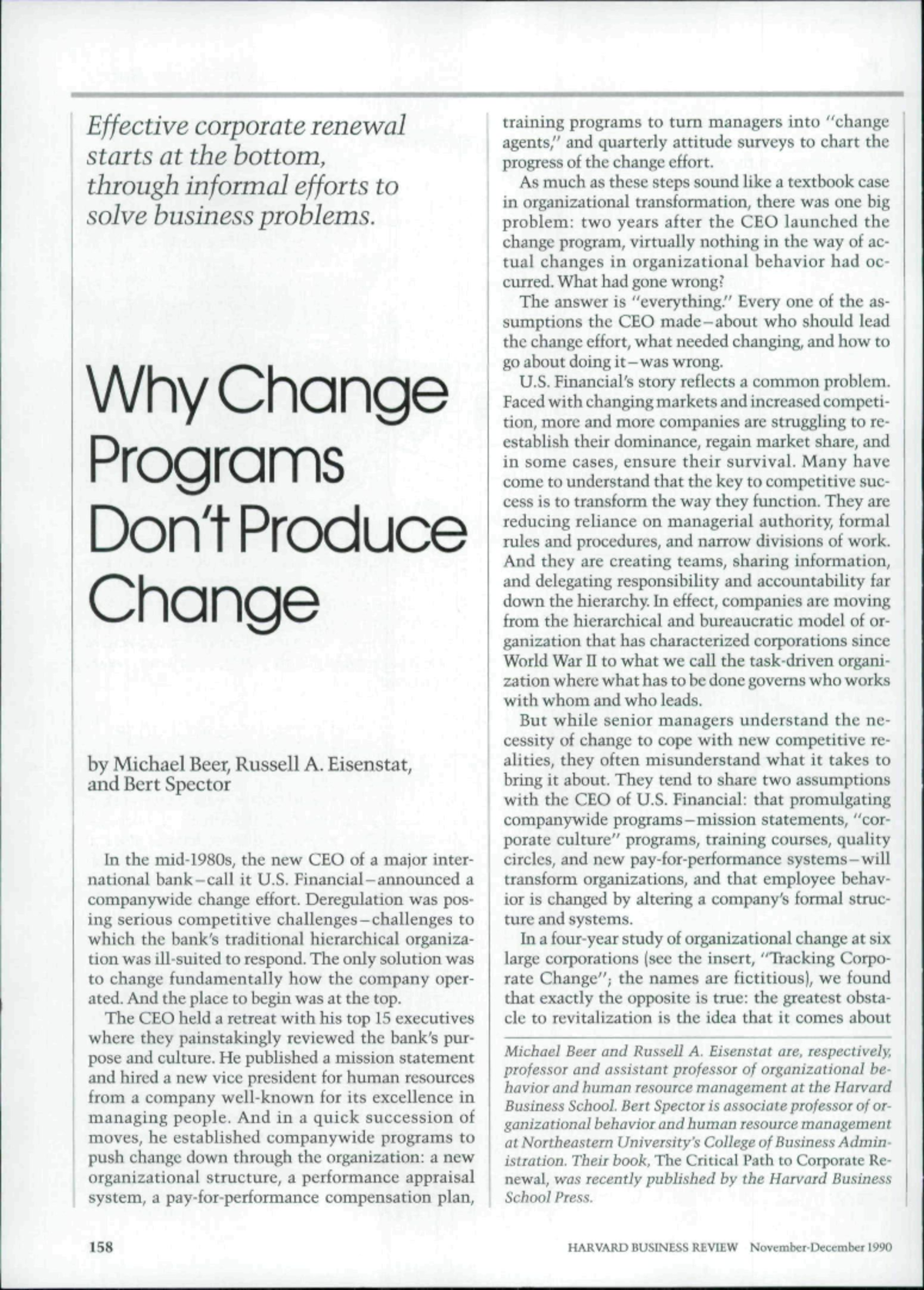 Beer - why change programs don t produce change - Effective corporate ...