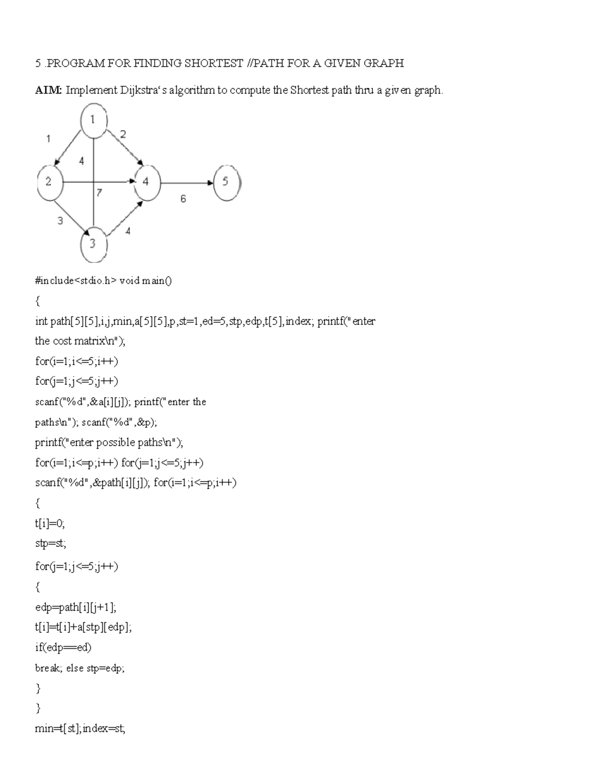 5 - lab - 5 .PROGRAM FOR FINDING SHORTEST //PATH FOR A GIVEN GRAPH AIM ...