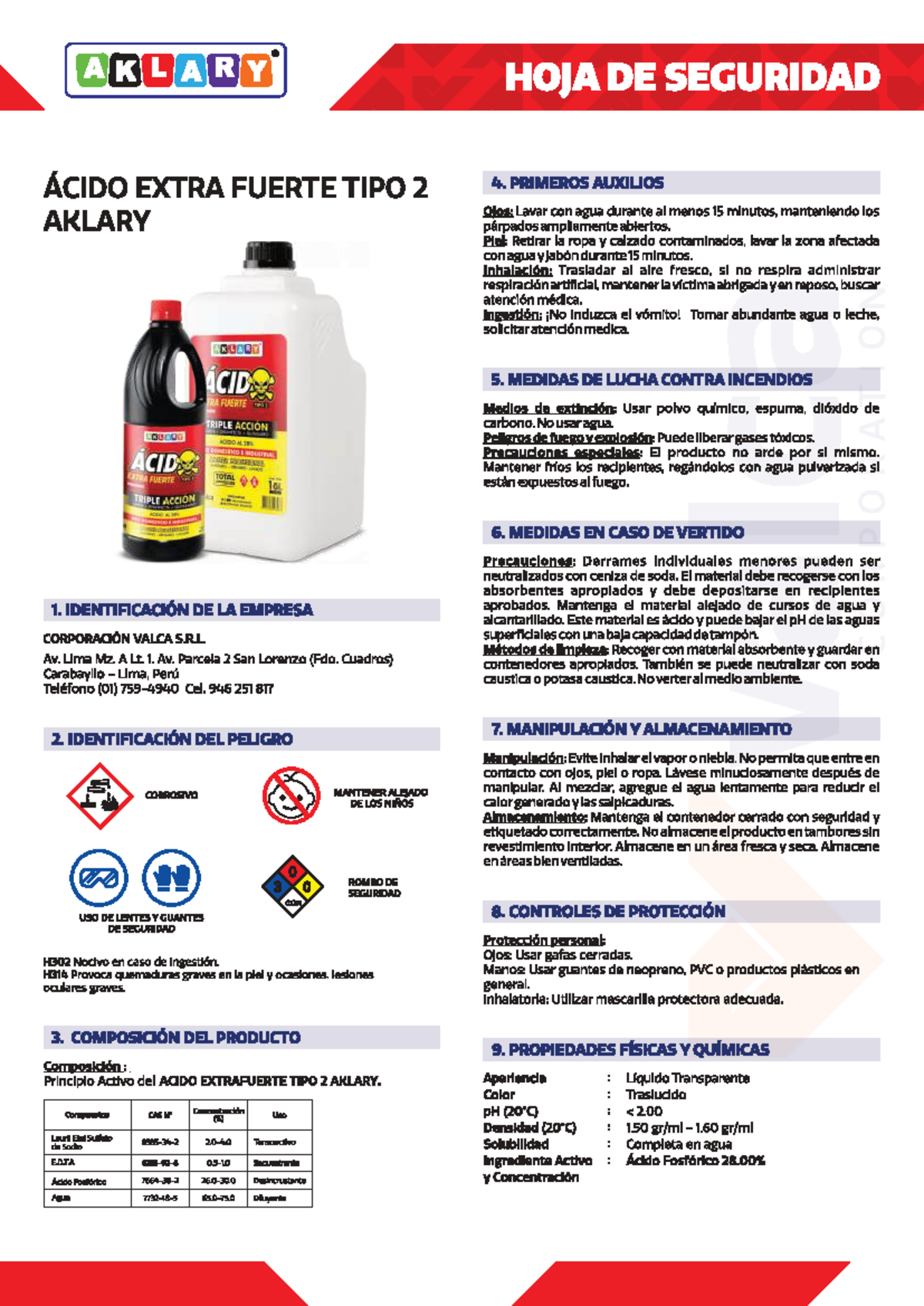 MSDS AKLAR ÁCIDO EXTRA FUERTE TIPO 2: Seguridad y Primeros Auxilios ...
