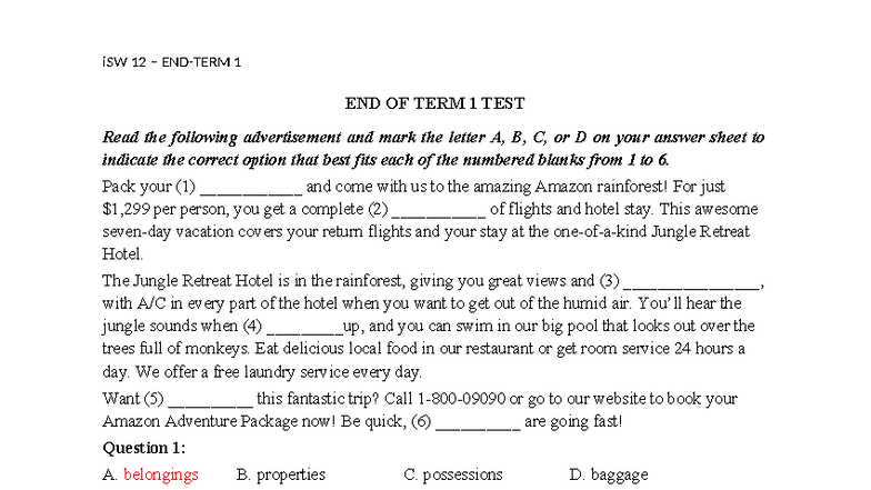 iSW 12 1 END OF TERM 1 TEST Answer Key - Studocu