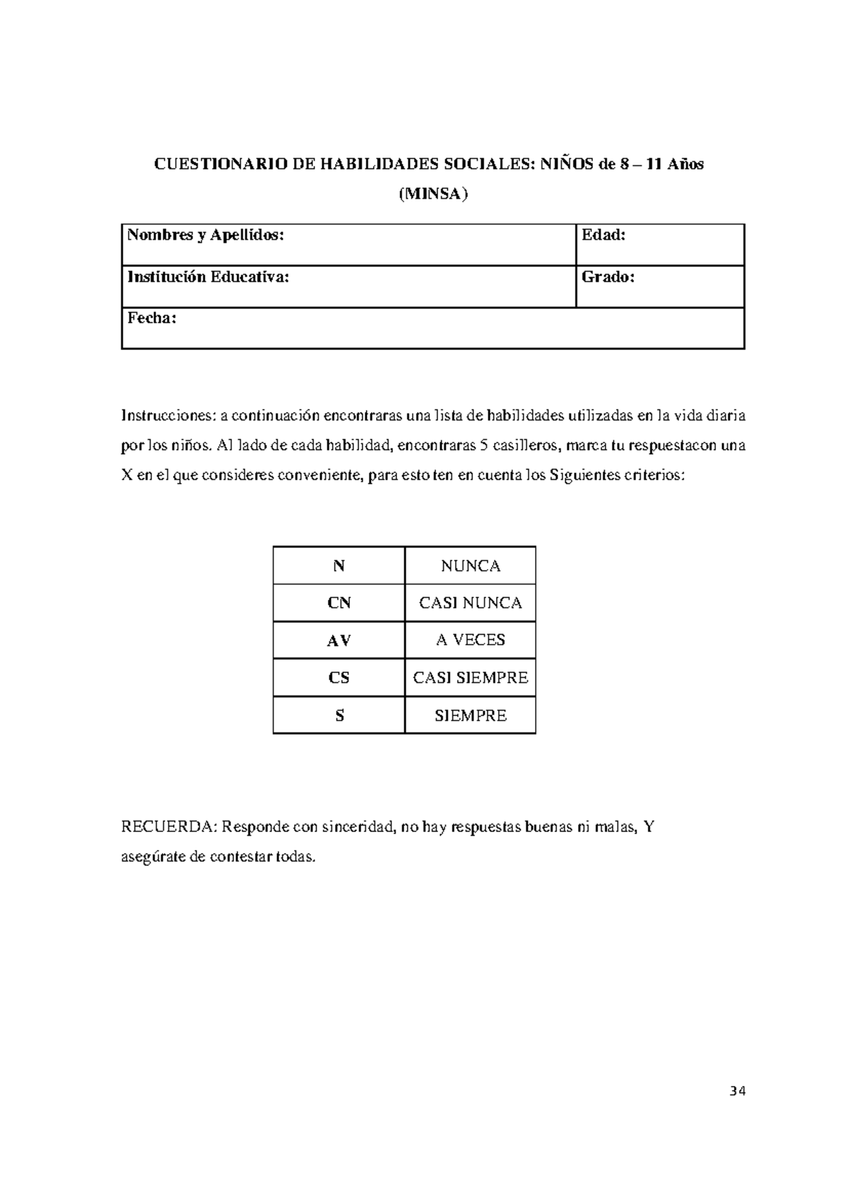 Cuestionario de Habilidades Sociales para Niños (MINSA) 8-11 Años - Document Preview