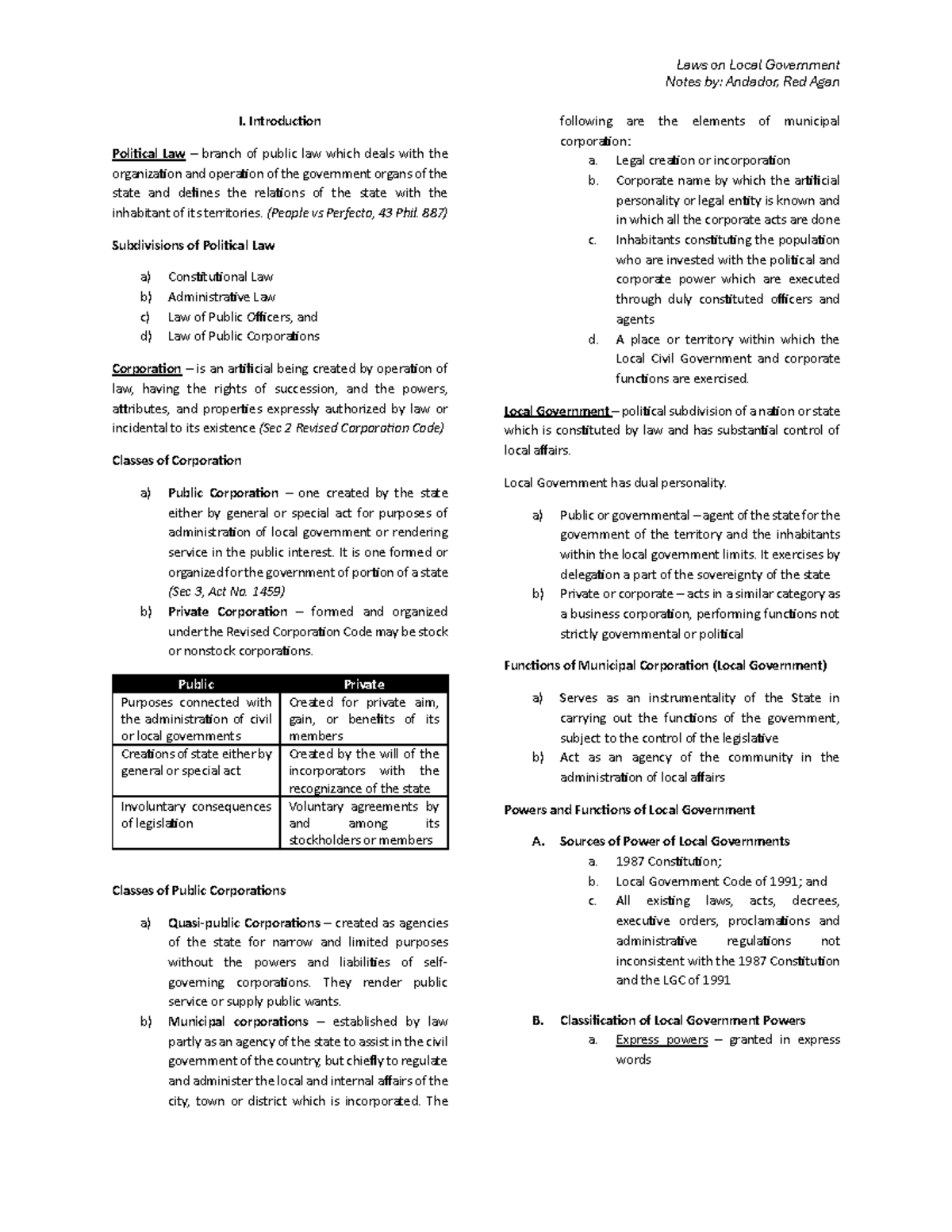 Laws on Local Government Notes (Political Law) - Andador, Red Agan ...