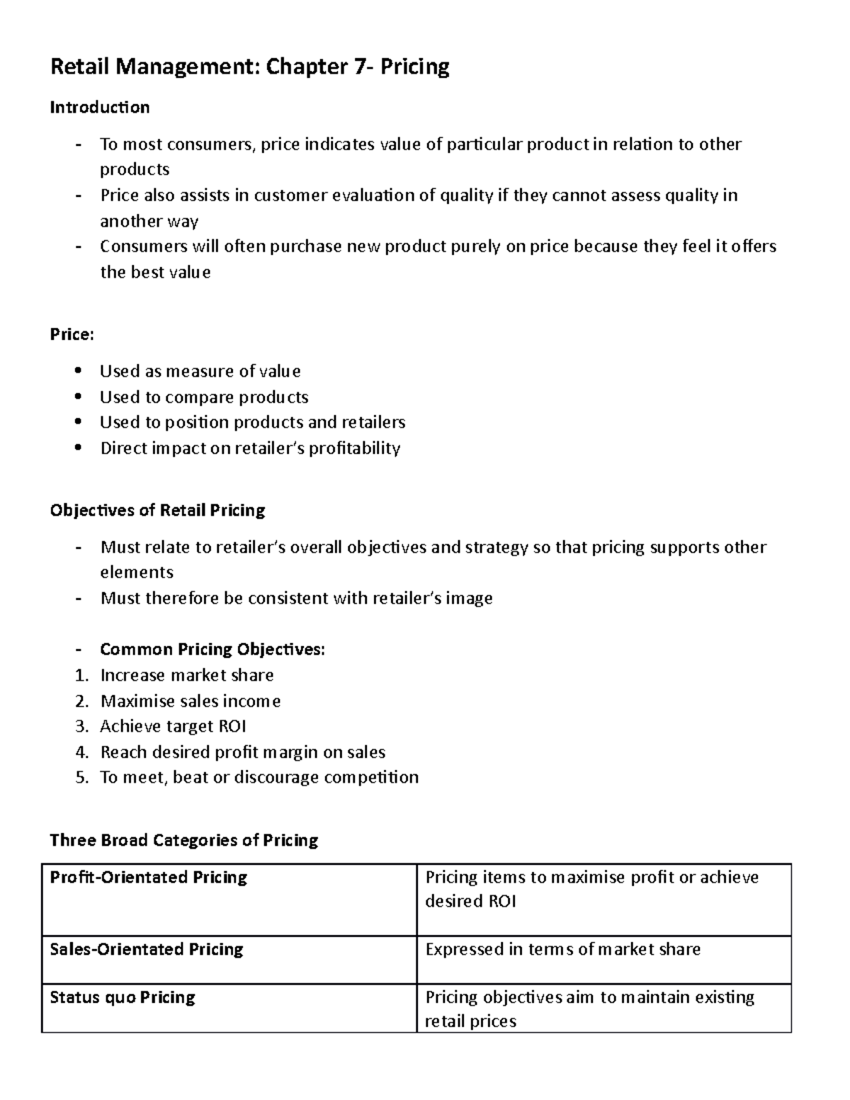 Lecture Notes - Retail Marketing (Chapter 7) on Pricing Strategies ...