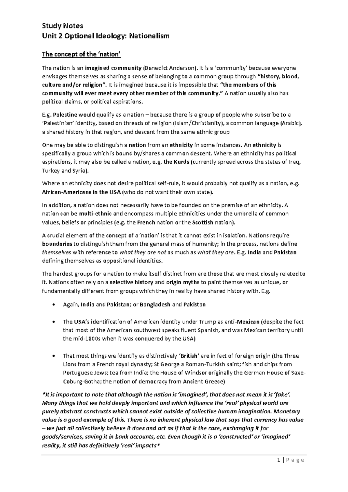Study Notes Unit 2: Optional Ideology - Nationalism Analysis - Studocu