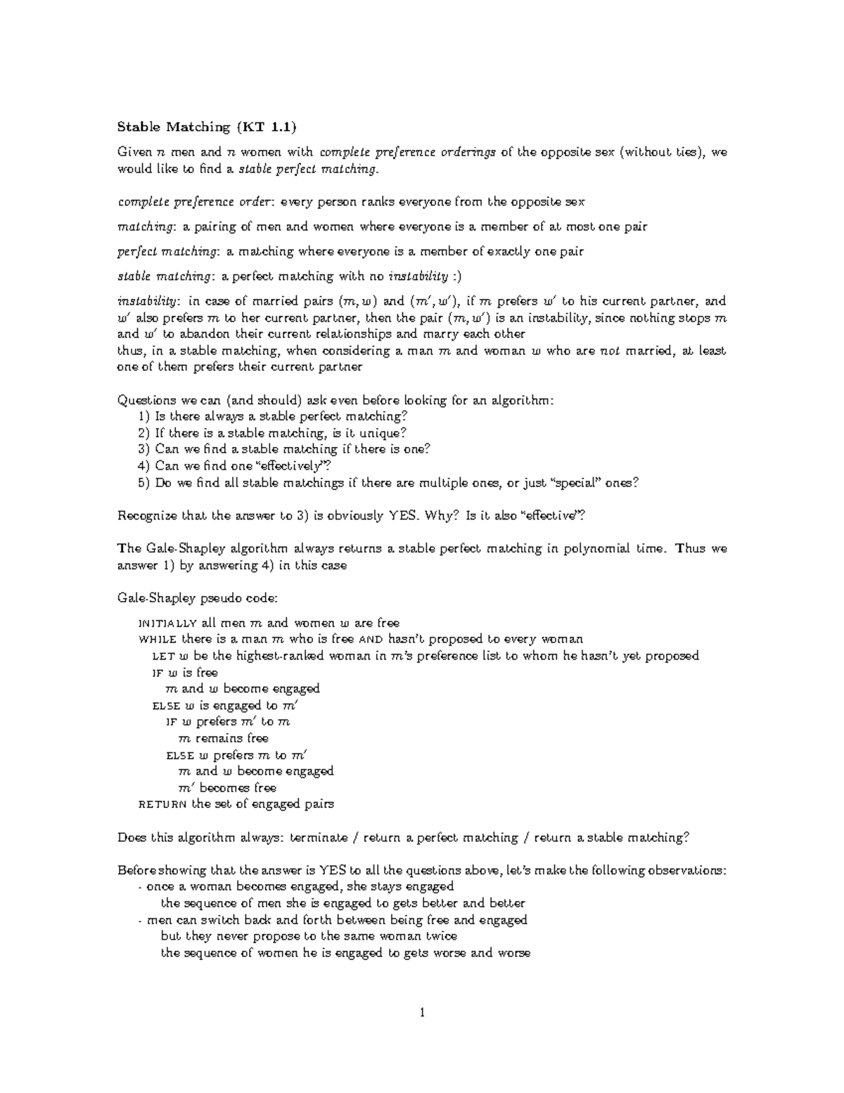 Stable Matching Algorithm Overview (KT 1.1) - Studocu
