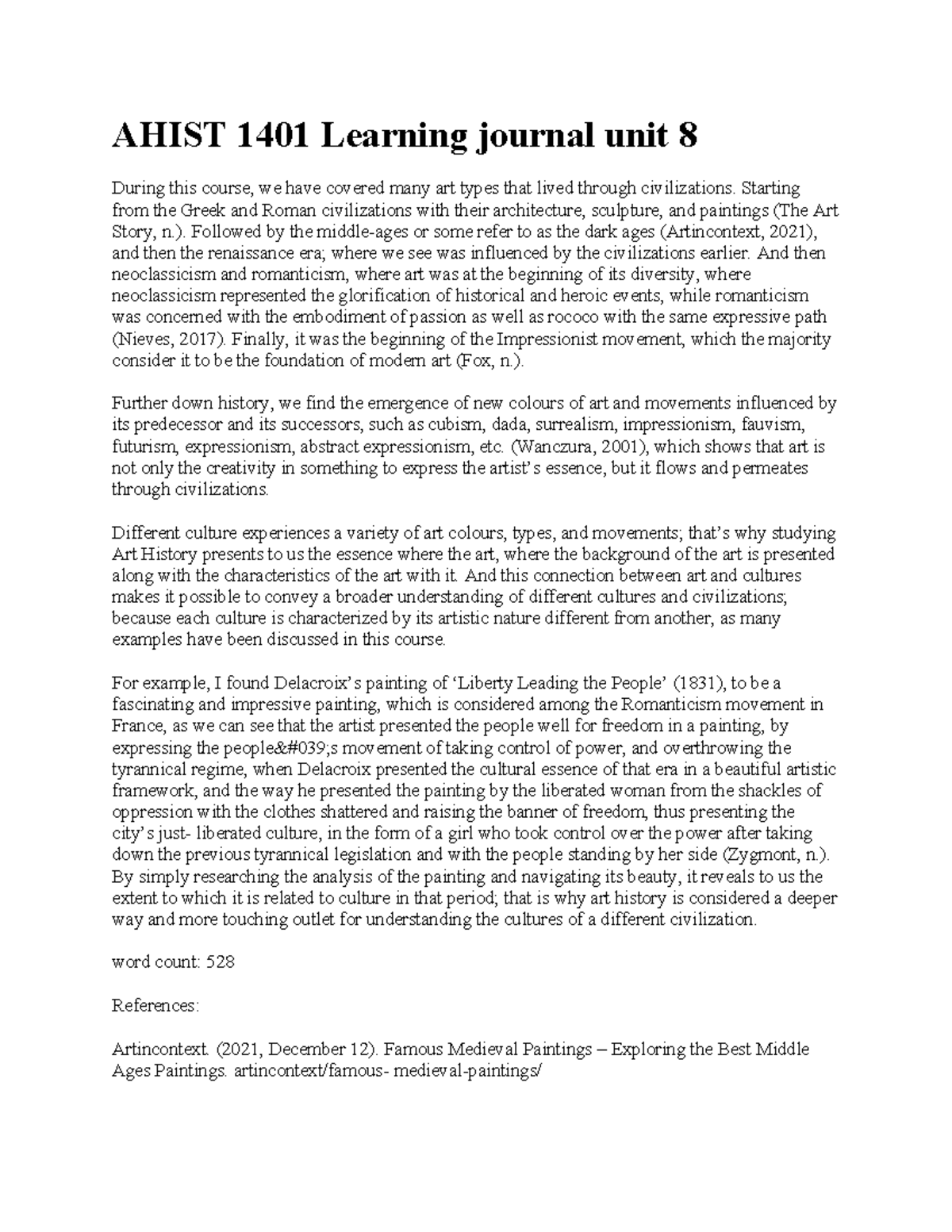 AHIST 1401 Unit 8 Learning Journal: Evolution of Art Through Cultures ...