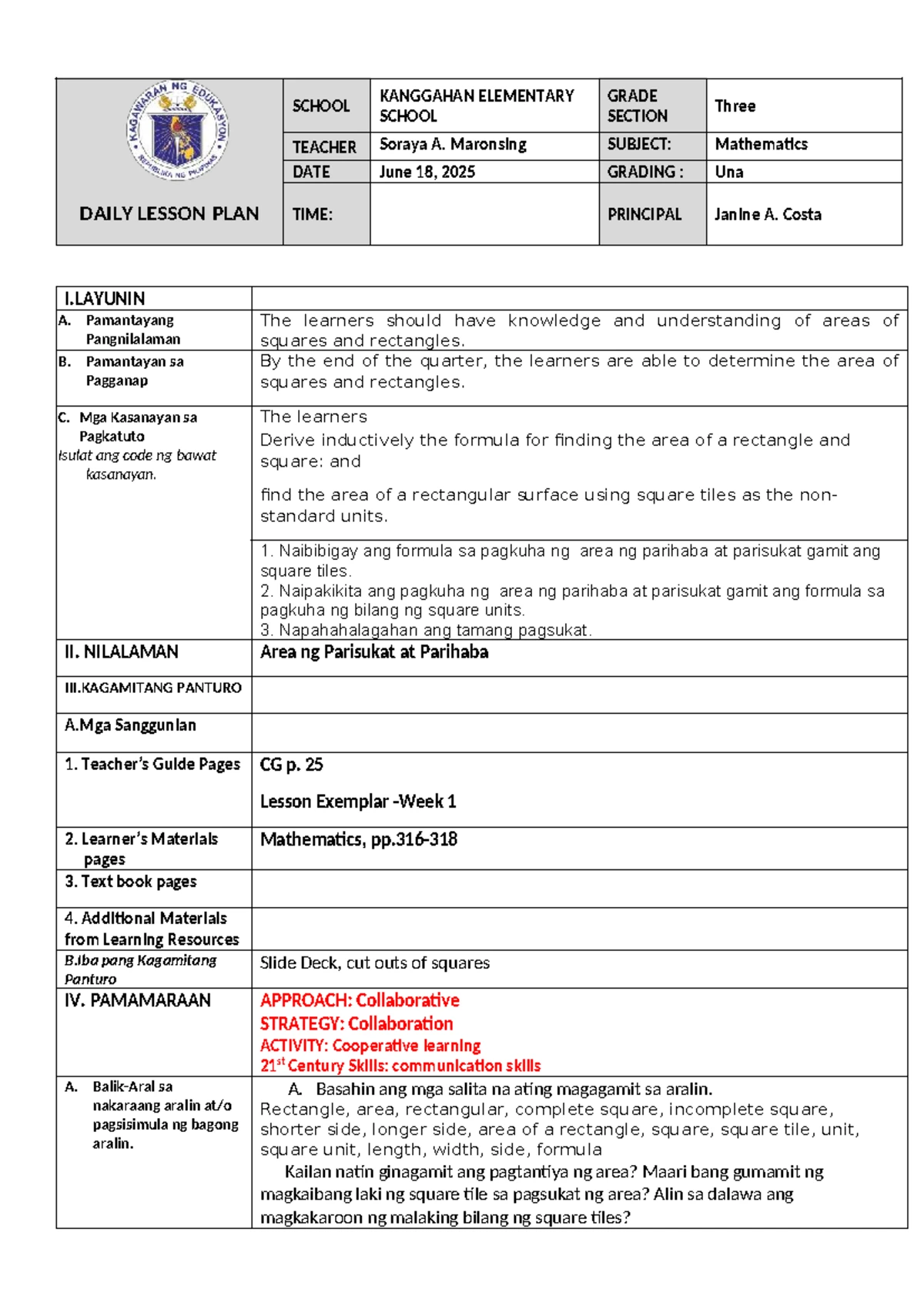 DLP: Daily Lesson Plan for Mathematics - Grade 3 (June 17, 2025) - Studocu