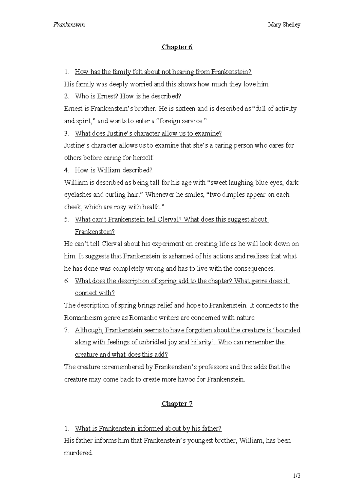 Frankenstein Chapters 6 & 7 Summary and Analysis (ENG 101) - Studocu