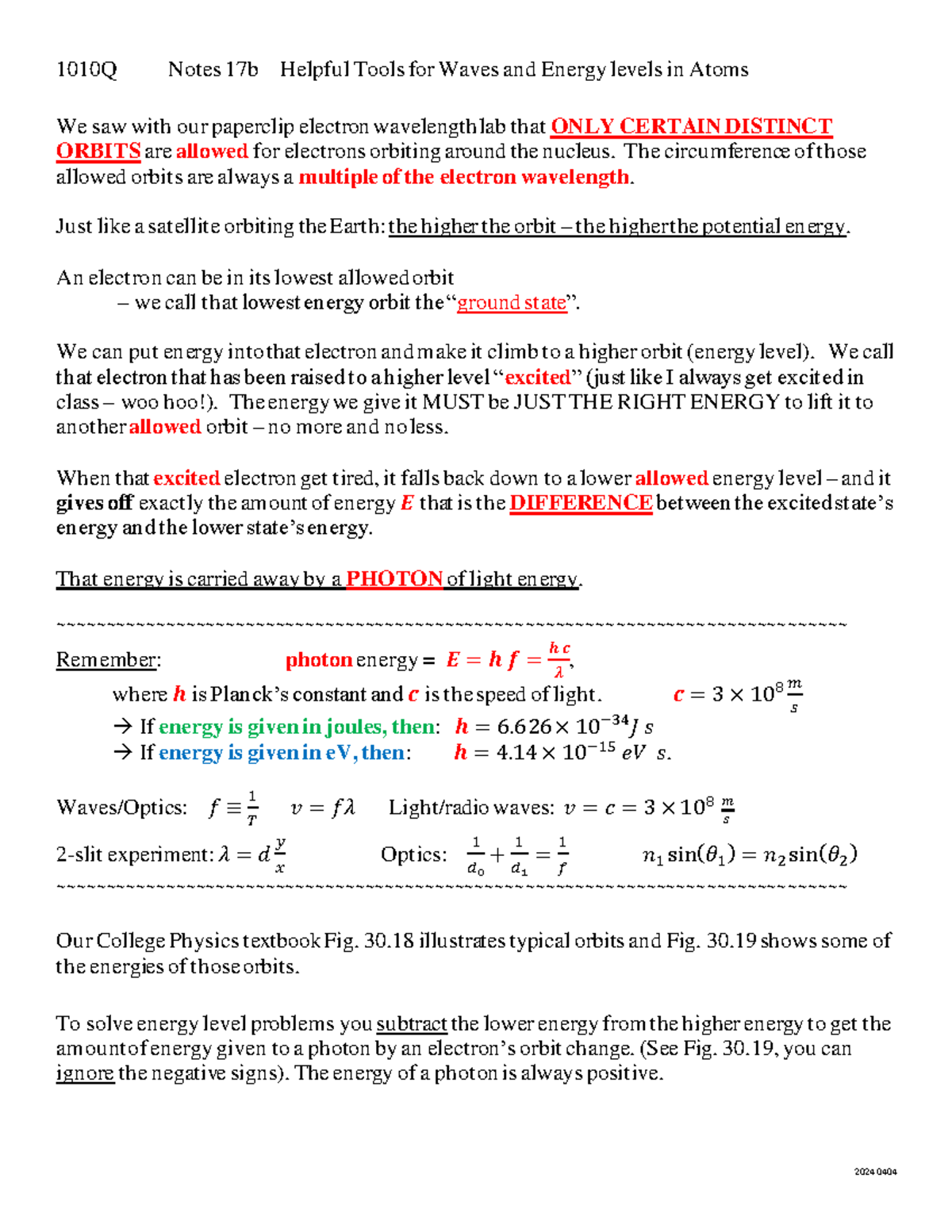 1010Q Lecture Notes: Waves and Energy Levels in Atoms - Studocu