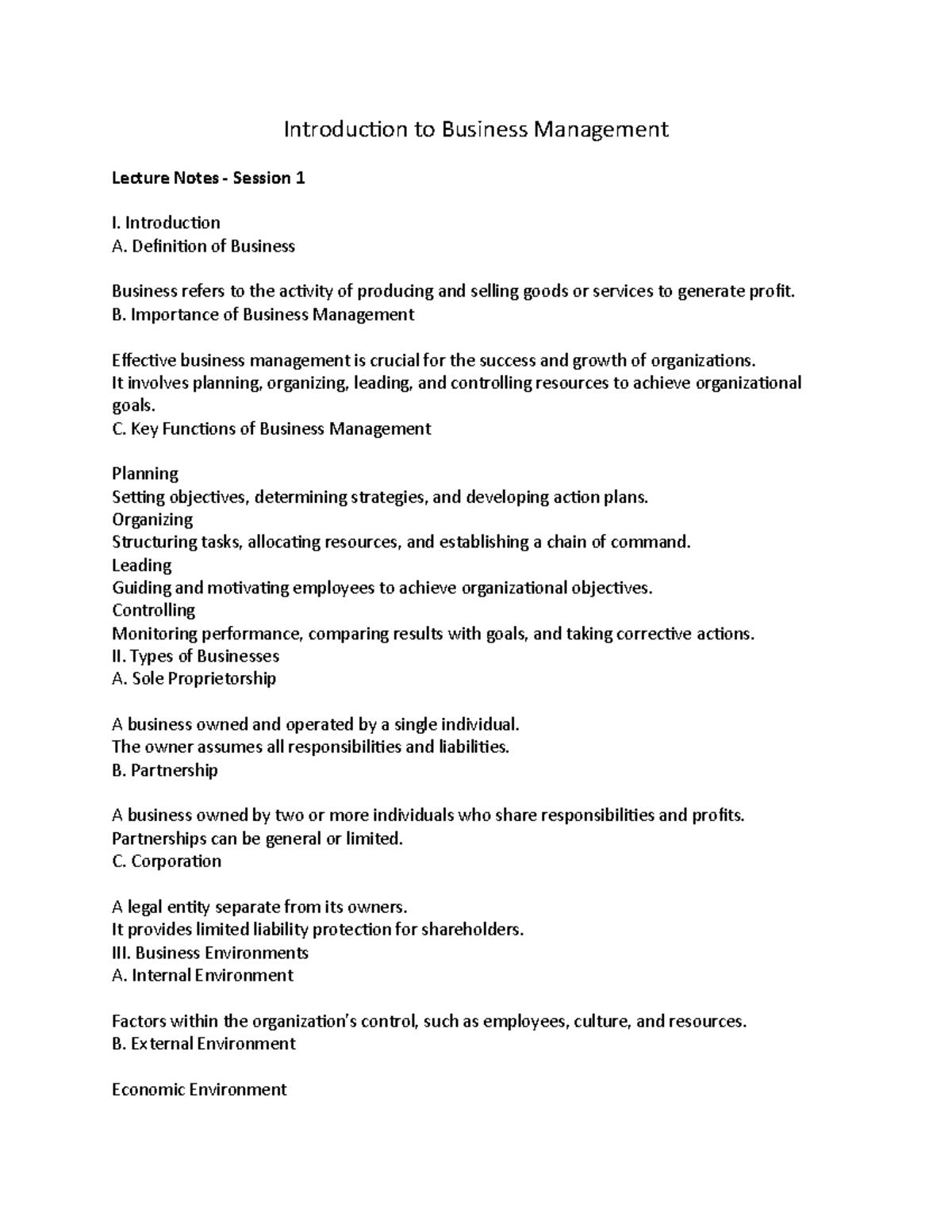 BUS 101: Intro to Business Management - Lecture Notes Session 1 - Studocu