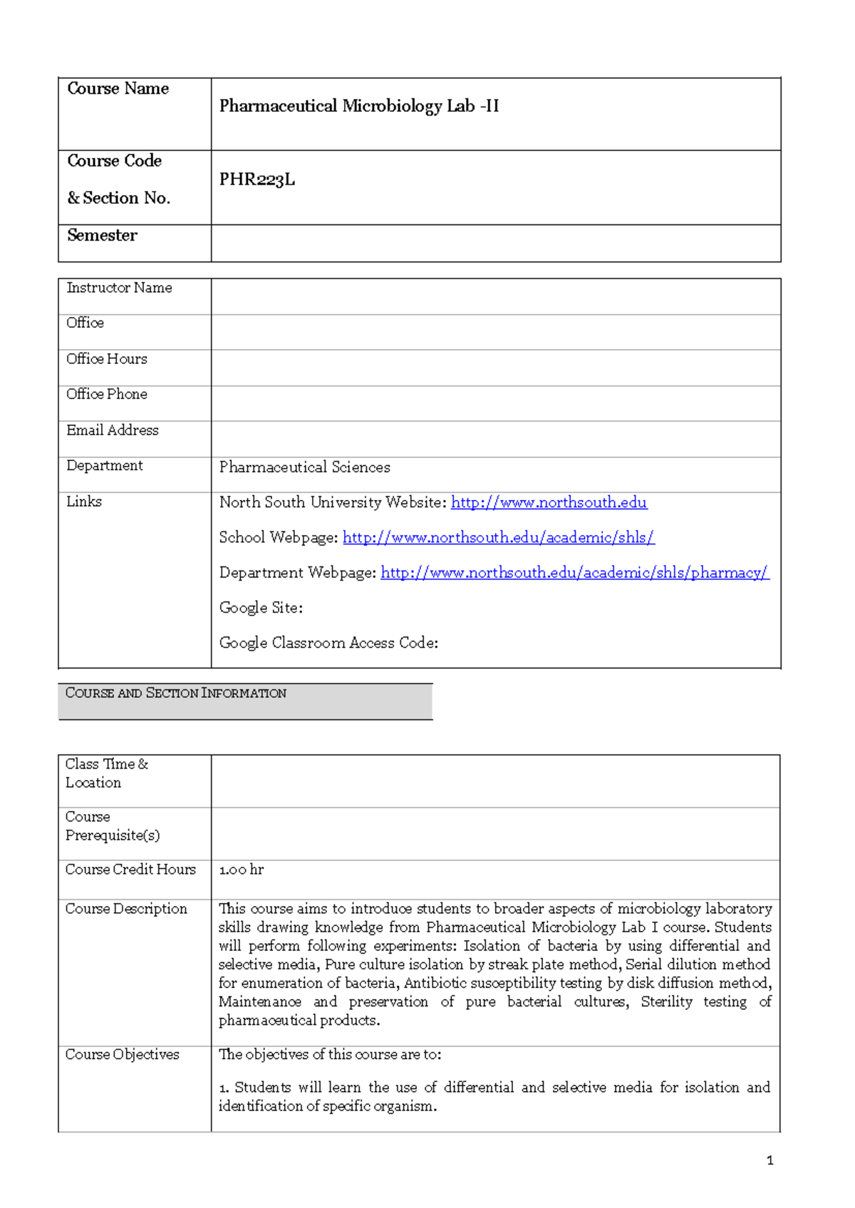 PHR223L Pharmaceutical Microbiology Lab II Course Outline - Studocu