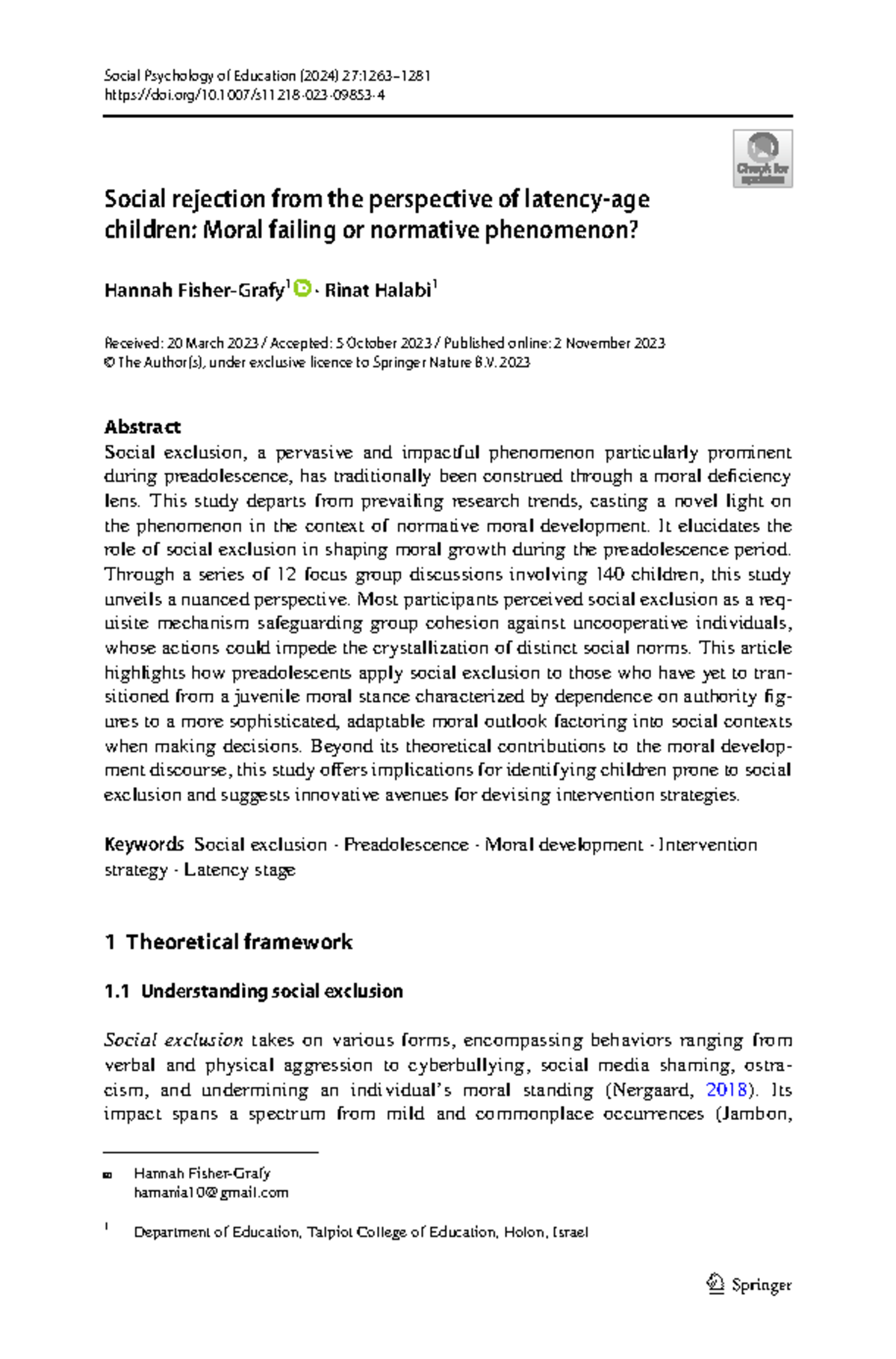 Social Rejection in Latency-Age Children: Moral Development Insights ...