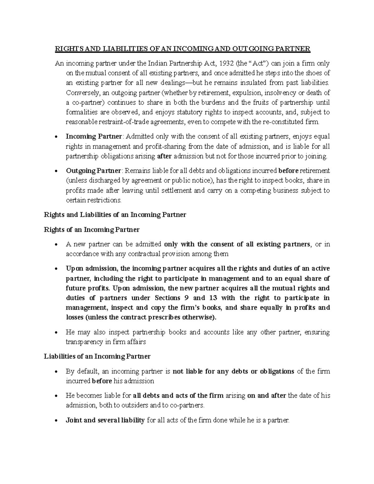 Rights and Liabilities of Incoming & Outgoing Partners (Law 101) - Studocu