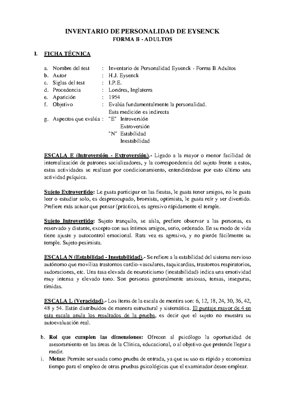 Informe Psicológico: Test de Personalidad Eysenck - PSICOLOGÍA 5 - Studocu