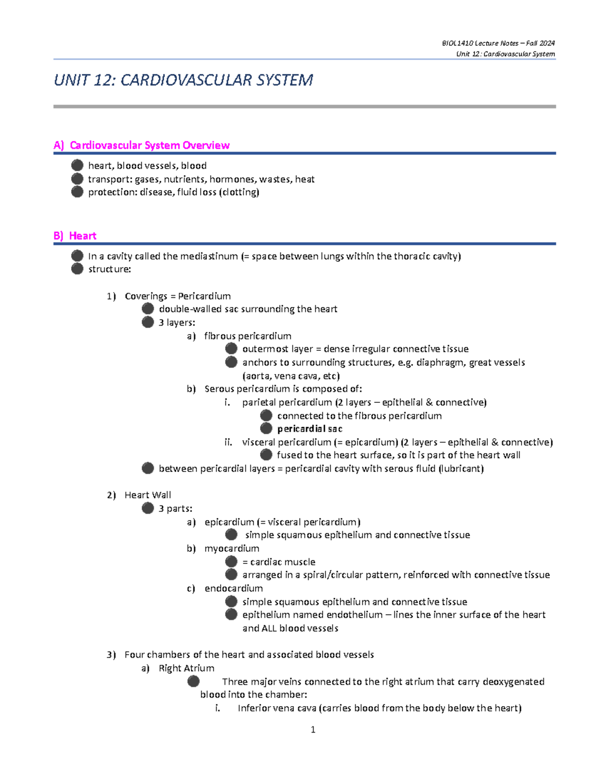 BIOL1410 Lecture Notes Fall 2024: Unit 12 - Cardiovascular System - Studocu