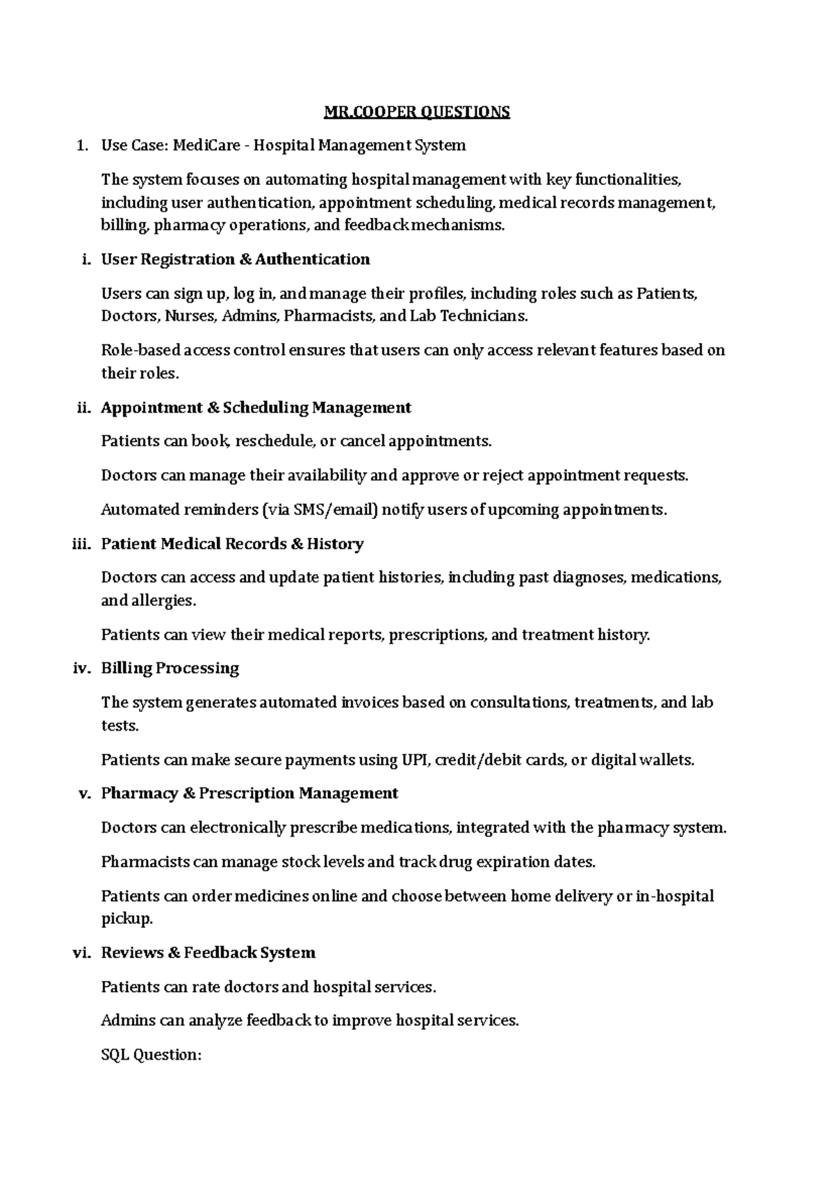 MR.COOPER Practice Questions: MediCare Hospital Management System - Studocu