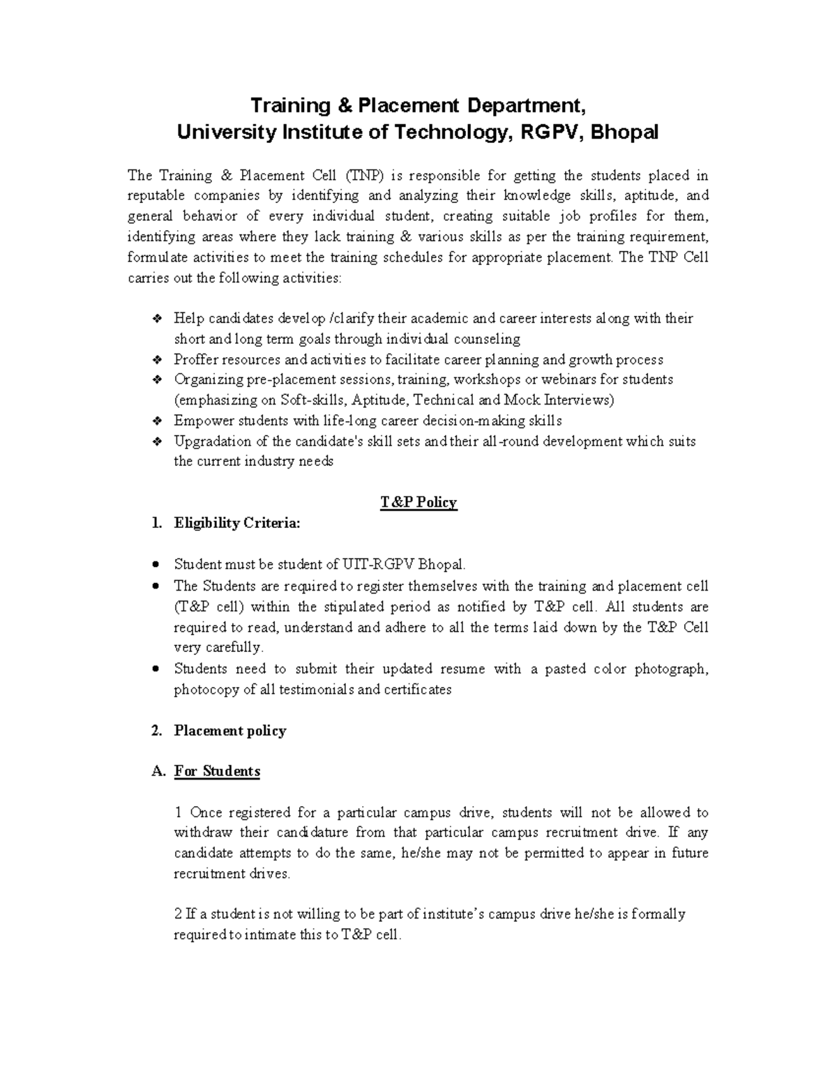 TNP Policy for Student Placement at RGPV, Bhopal: Guidelines ...