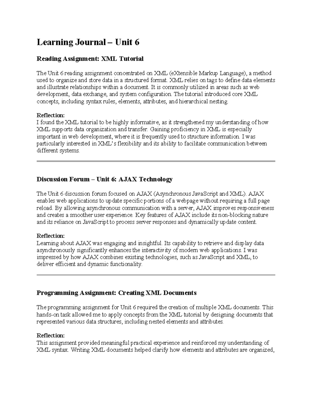 Learning Journal: Unit 6 XML & AJAX Insights - Studocu