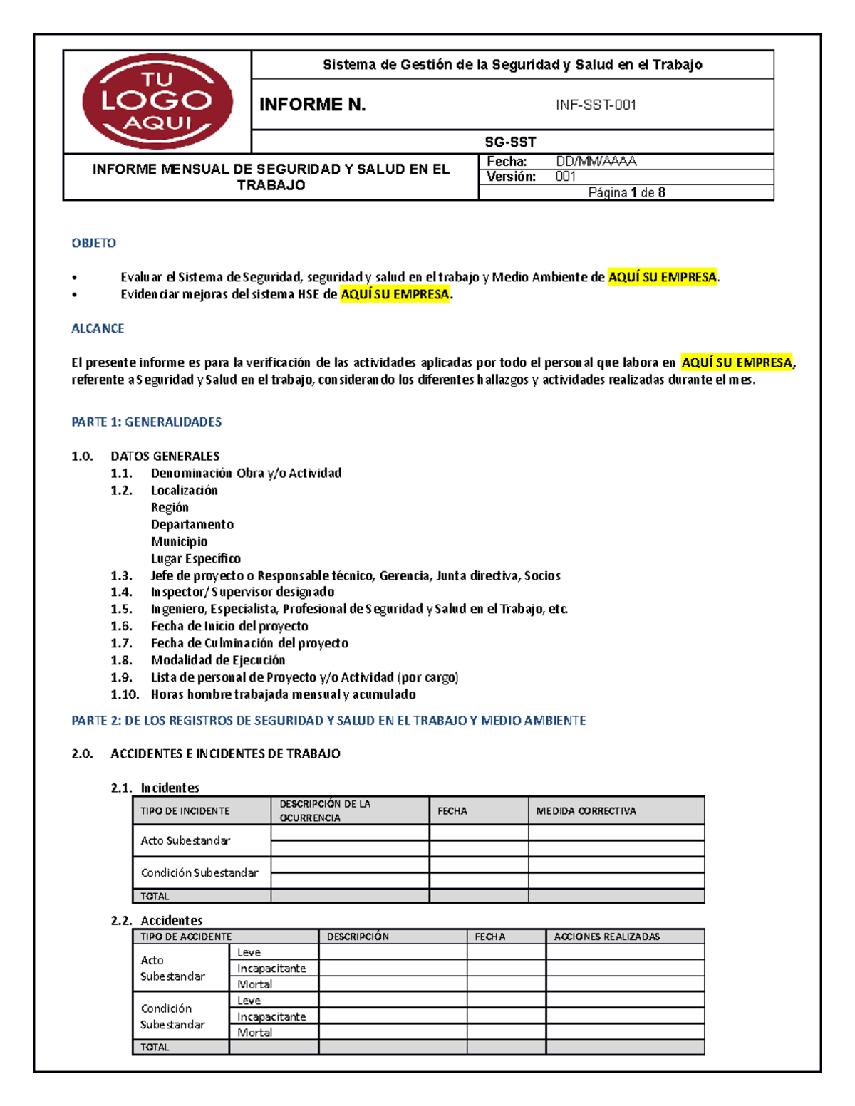 Informe Mensual de Seguridad y Salud en el Trabajo - INF-SST - Studocu