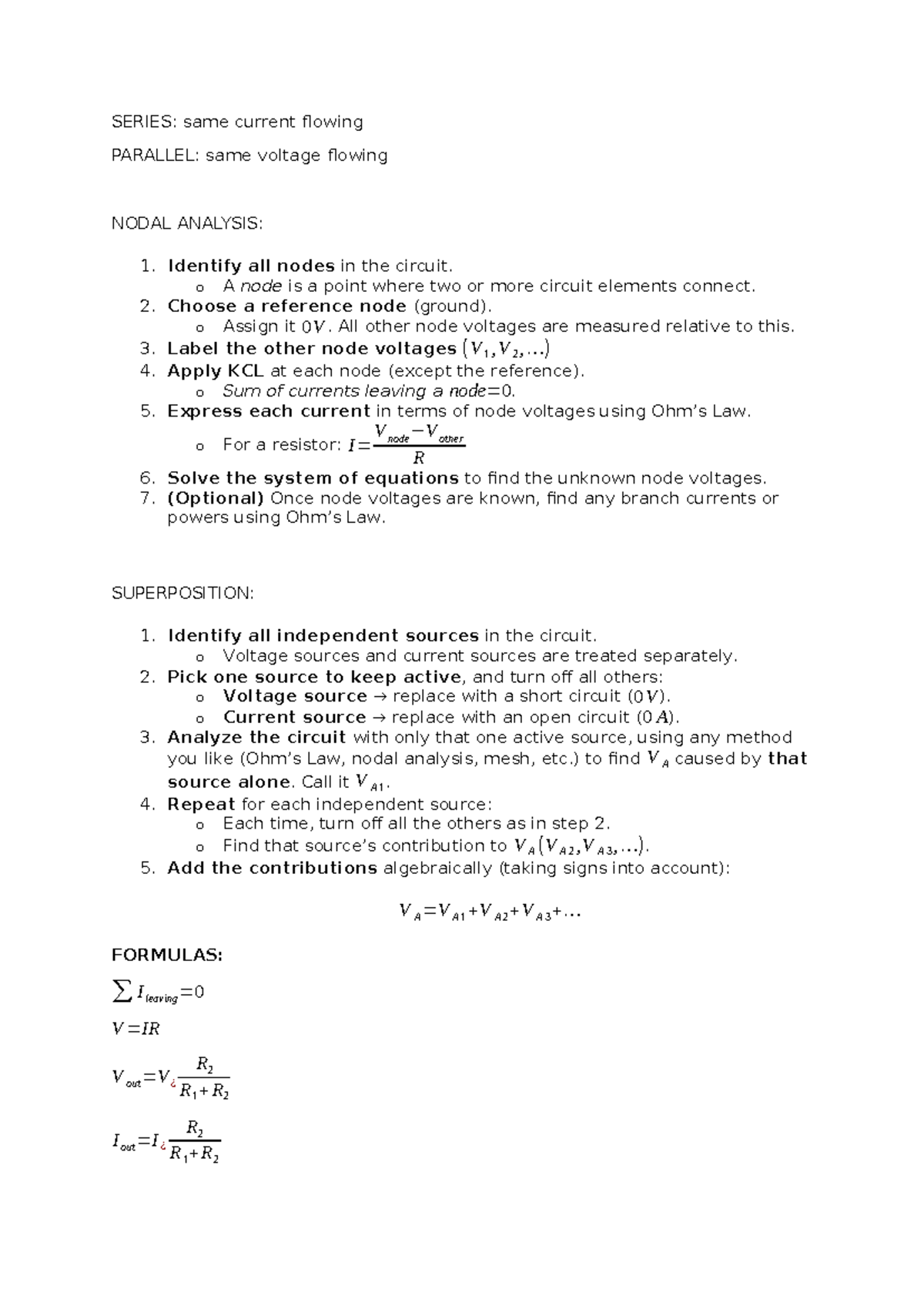 Ckts Formula: Nodal Analysis & Superposition Techniques - Studocu