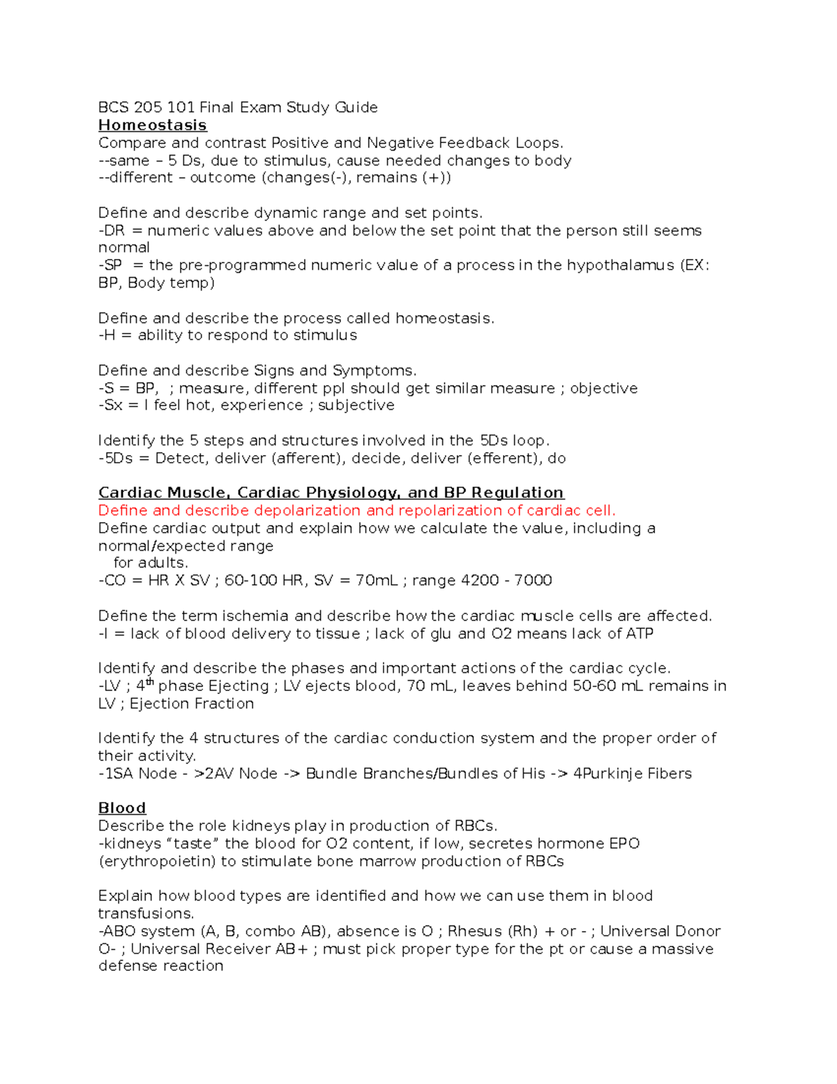 BCS 205 101 Final Exam Study Guide: Homeostasis, Physiology ...