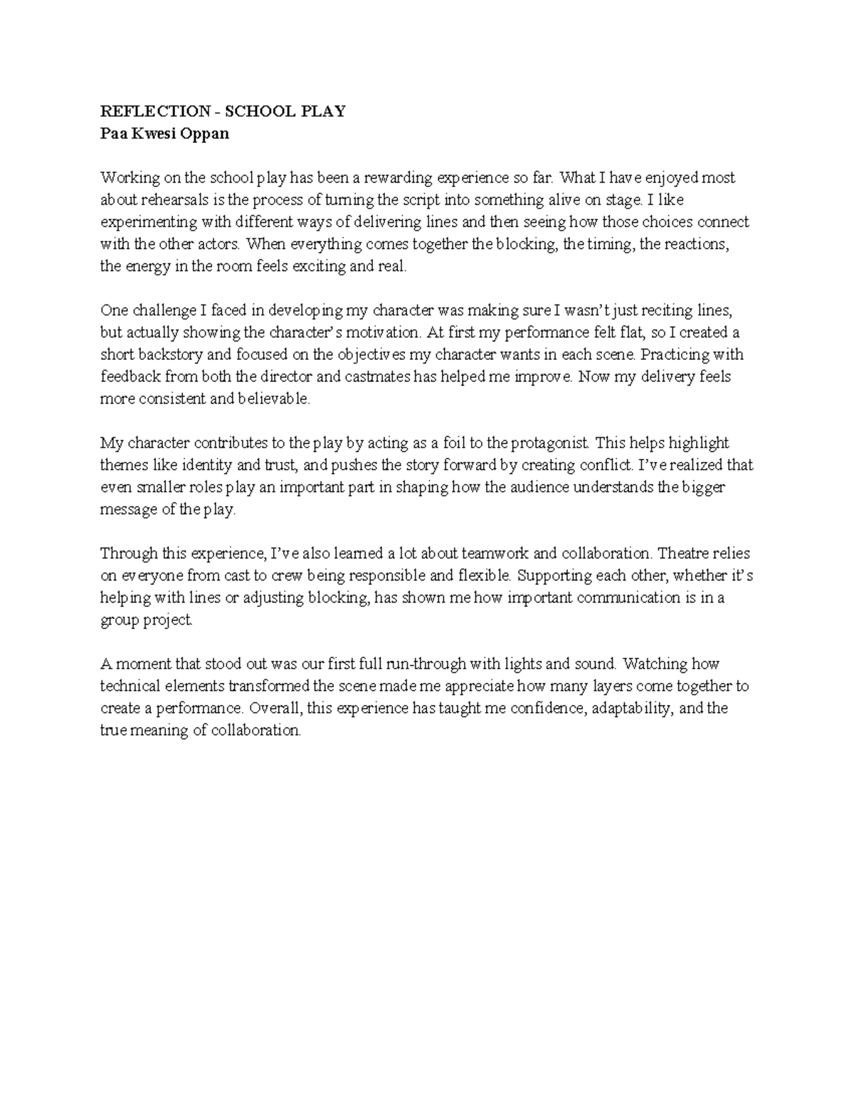 Reflection on School Play Experience: Insights and Growth - Studocu
