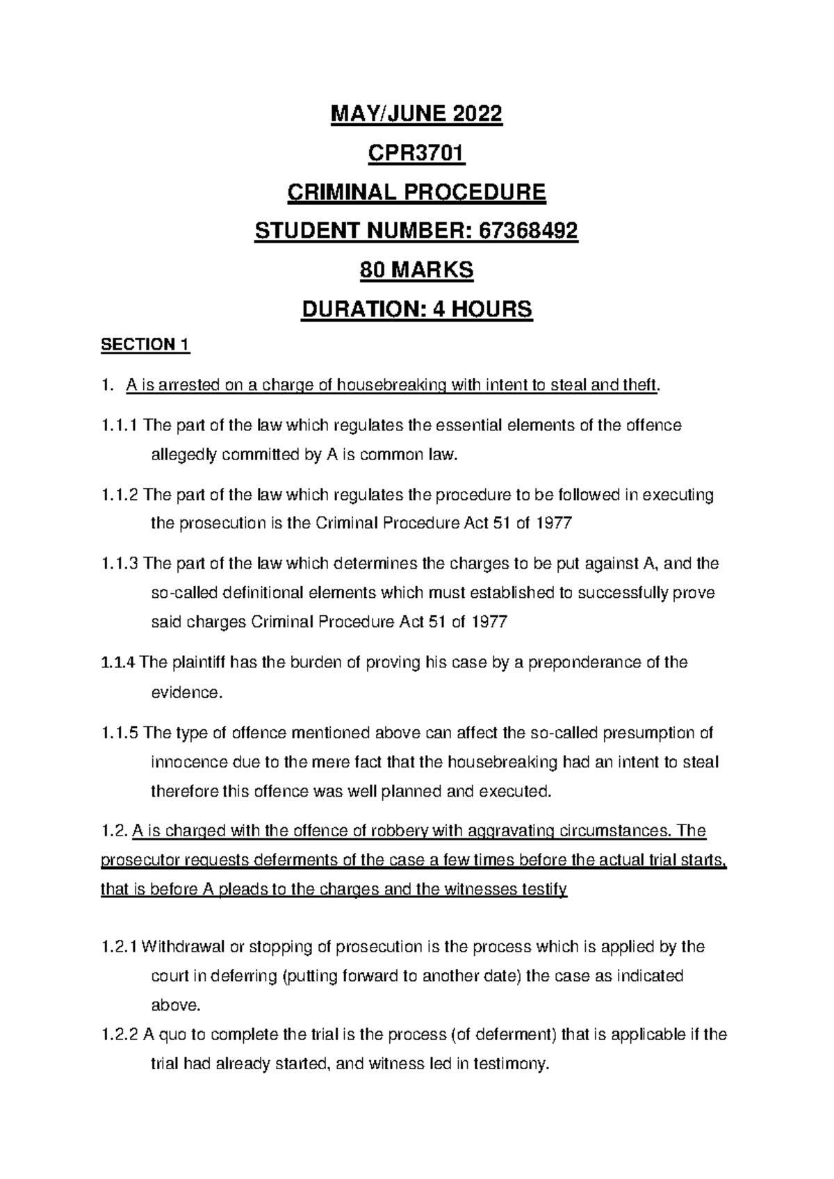 CPR 3701 MAY/JUNE 2022 PRACTICE EXAM PACK - CRIMINAL PROCEDURE - Studocu