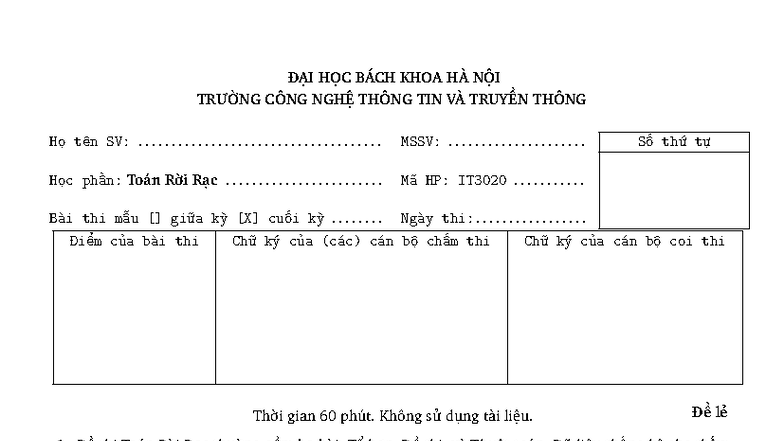 Đề thi giữa kỳ Toán Rời Rạc - IT3020 (Mẫu 2025) - Document Preview