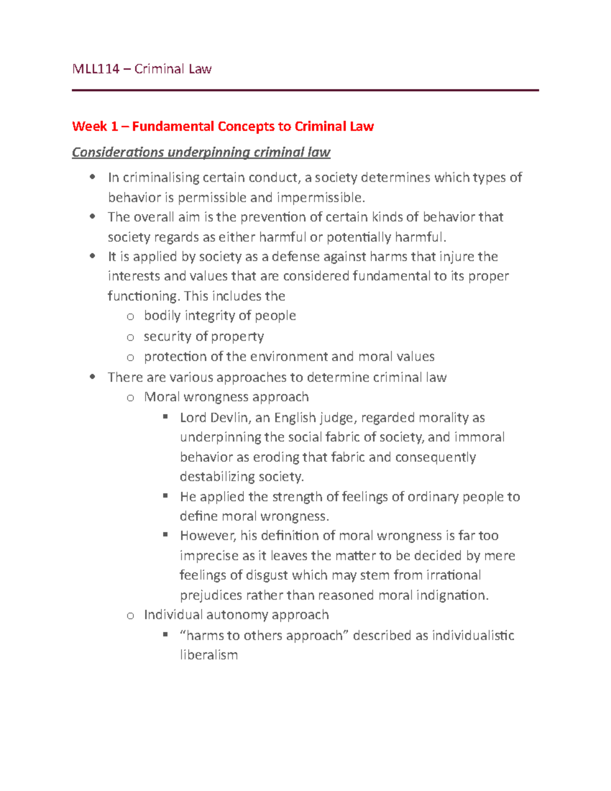 MLL114 - notes - MLL114 – Criminal Law Week 1 – Fundamental Concepts to ...