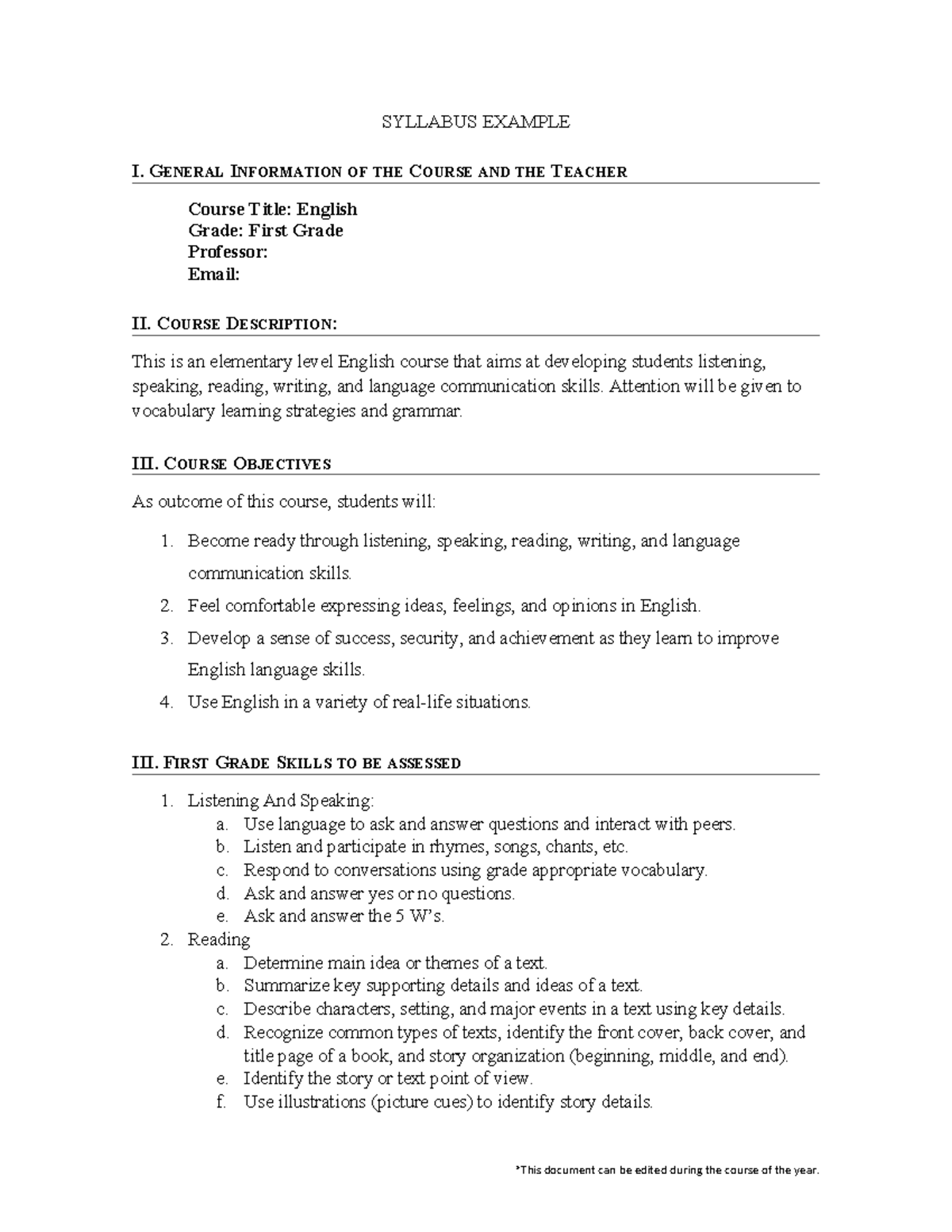 475676123 First Grade English Syllabus Example - SYLLABUS EXAMPLE I ...