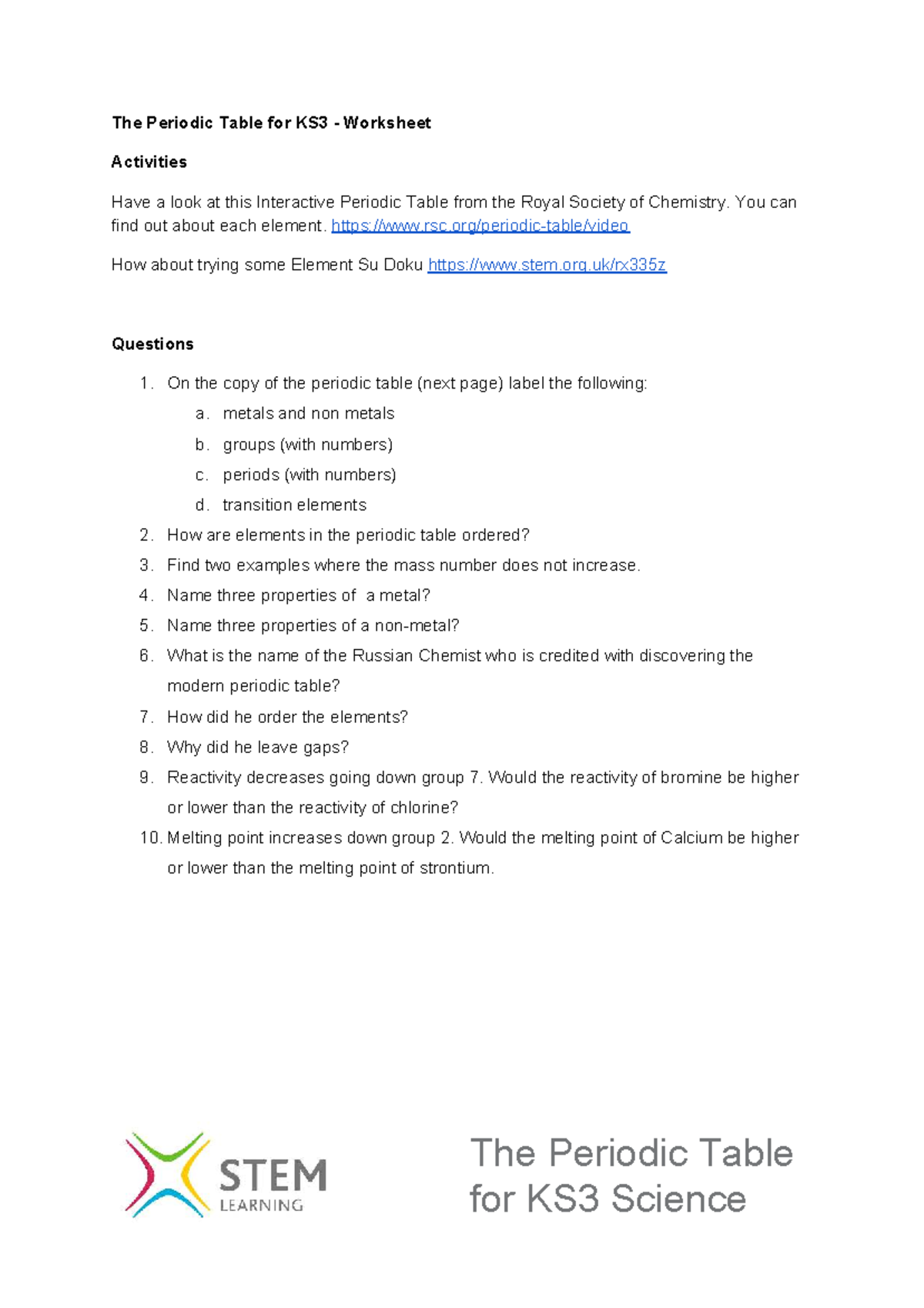 KS3 Science: Interactive Periodic Table Worksheet Activities - Studocu