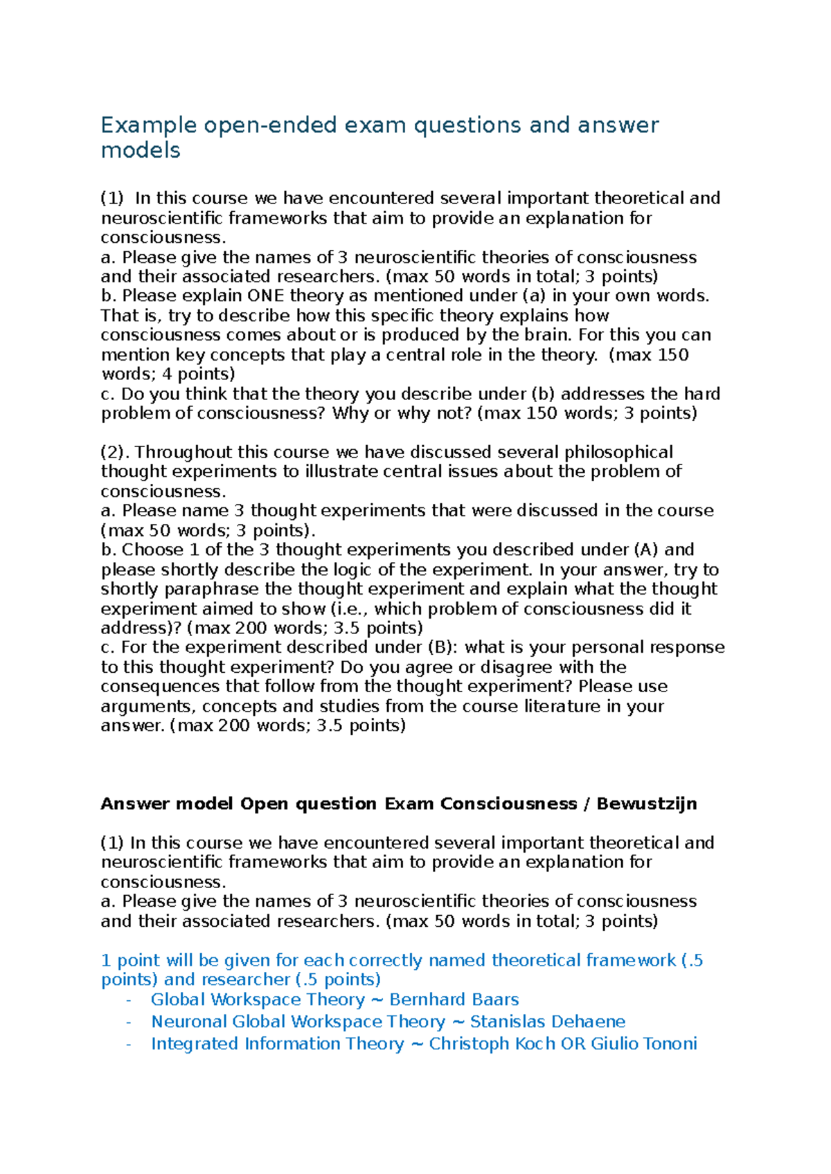 Consciousness Exam Prep: Open-Ended Questions & Models Analysis ...