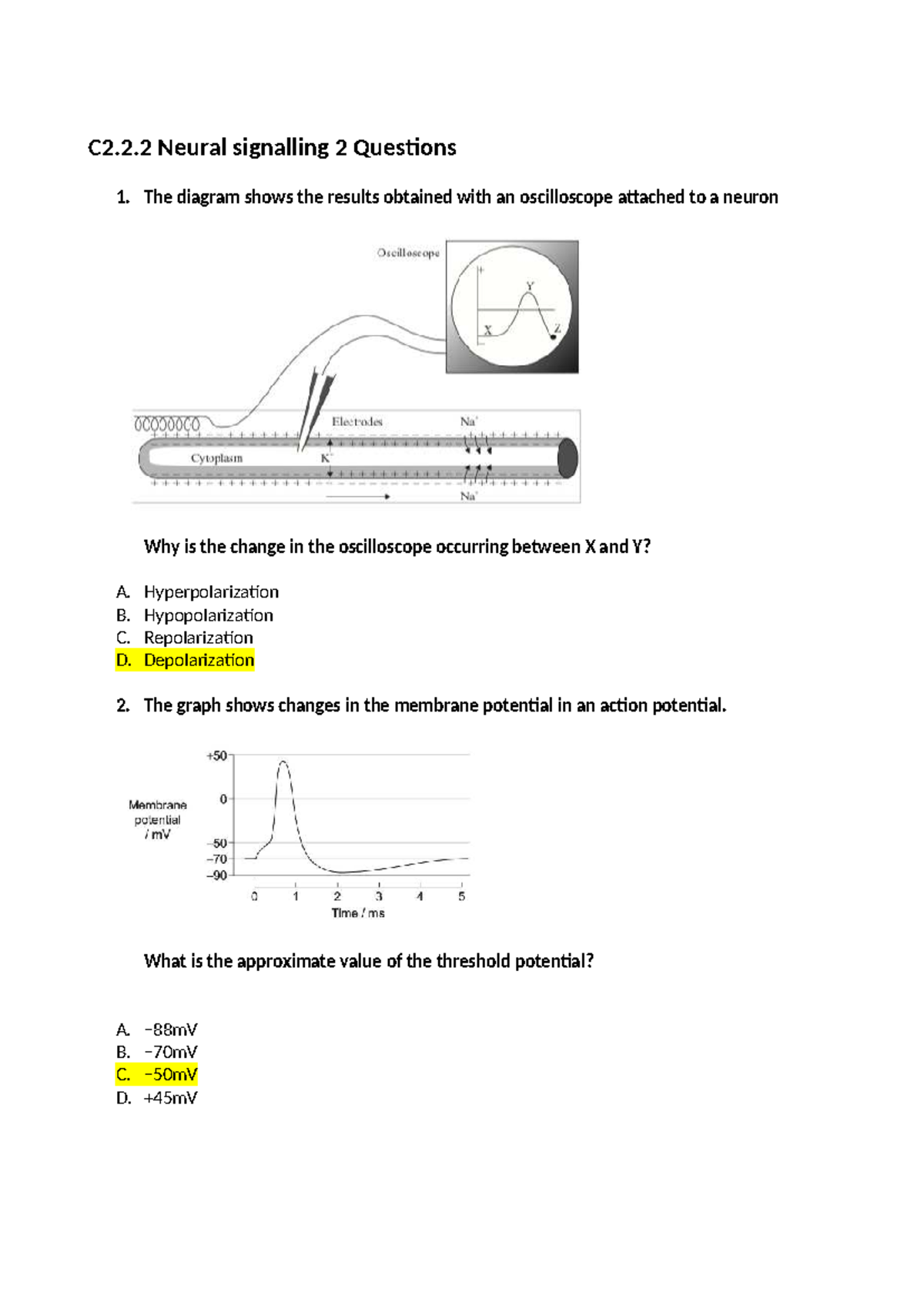 C2.2 Neural Signalling: Exam Questions and Concepts Explained - Studocu