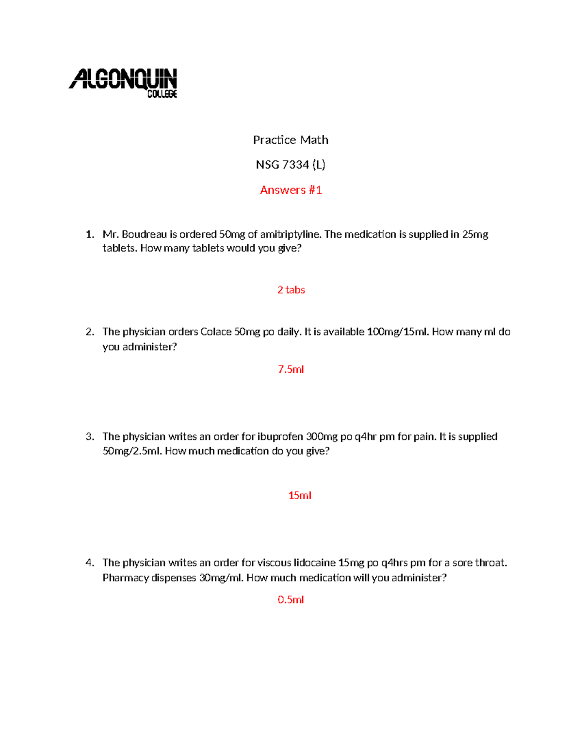 Practice Math Answer #1 - Practice Math NSG 7334 (L) Answers Mr ...
