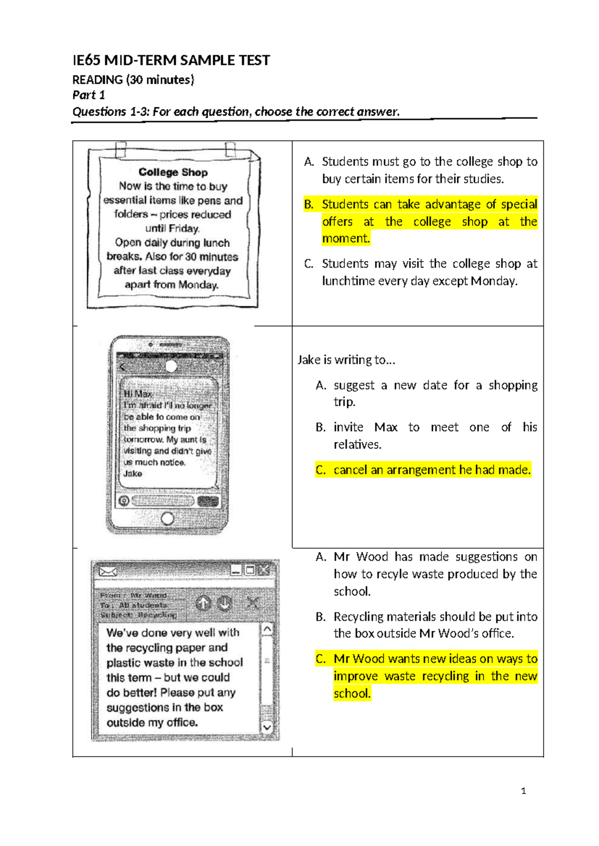 IE65 Midterm Sample Test: Reading, Listening, and Writing Practice ...