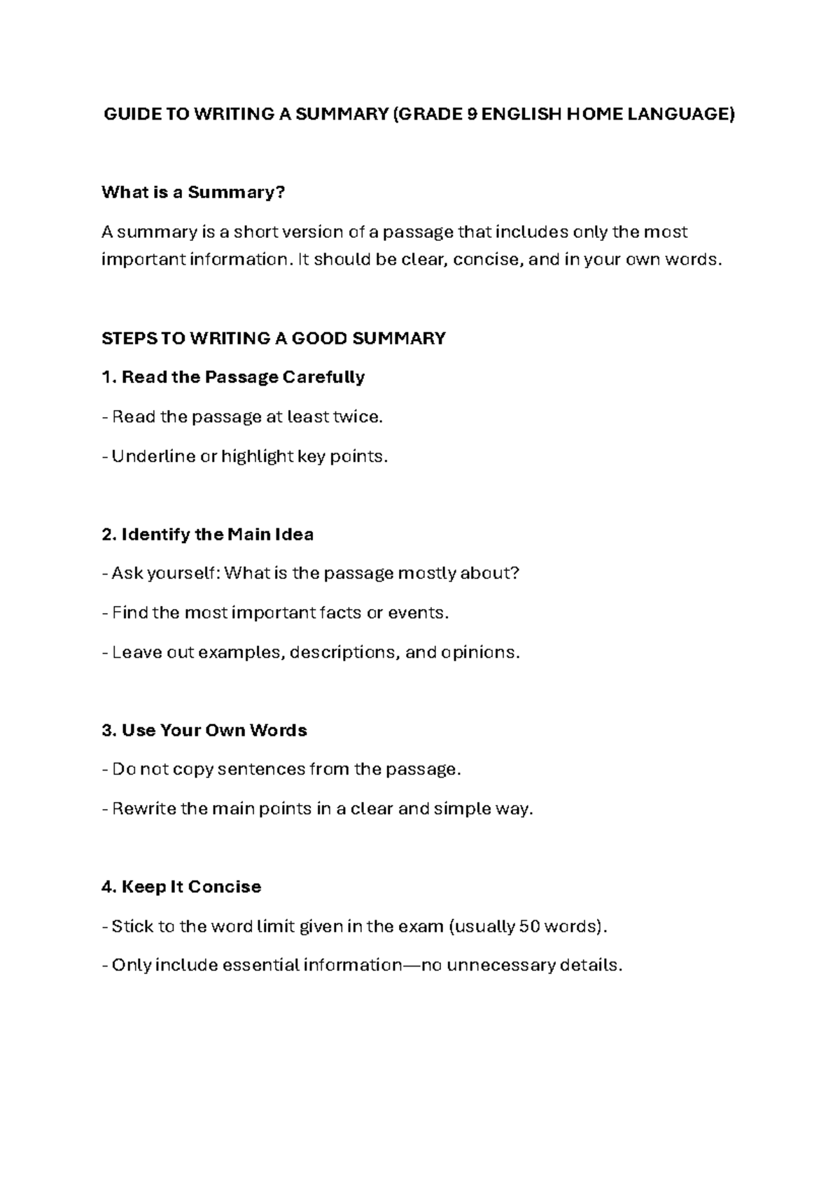 GUIDE TO WRITING A SUMMARY (GRADE 9 ENGLISH) - Studocu