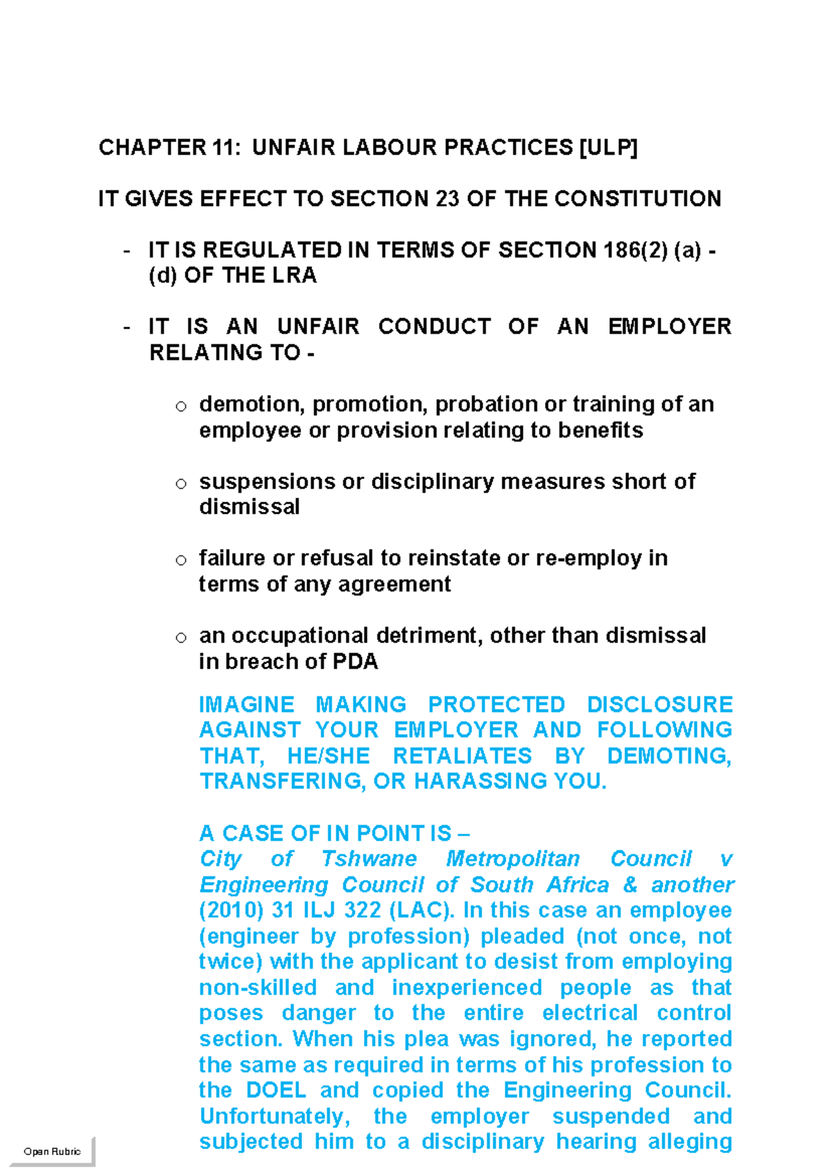 MRL3702: Chapter 11 & 12 - Unfair Labour Practices & Equality in ...