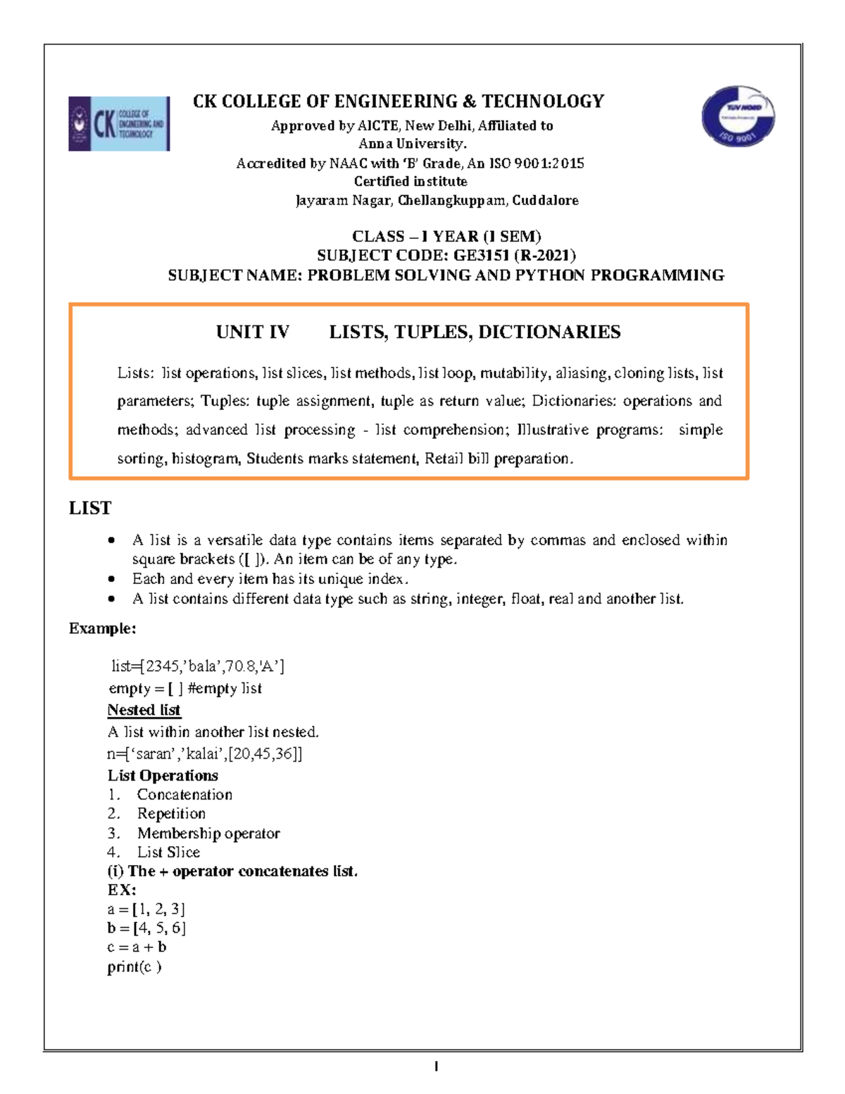 UNIT IV notes Python - Nil - CK COLLEGE OF ENGINEERING & TECHNOLOGY ...