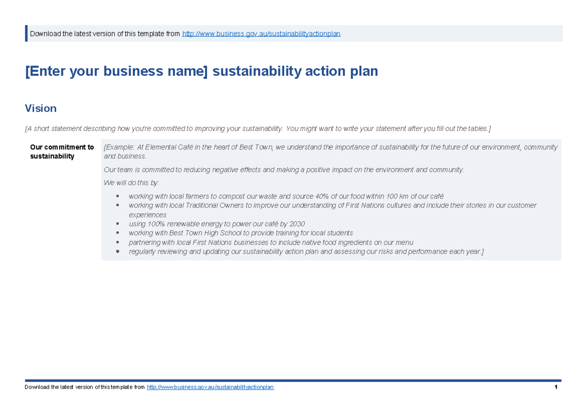 Sustainability Action Plan Template for Elemental Café: Vision & Goals ...