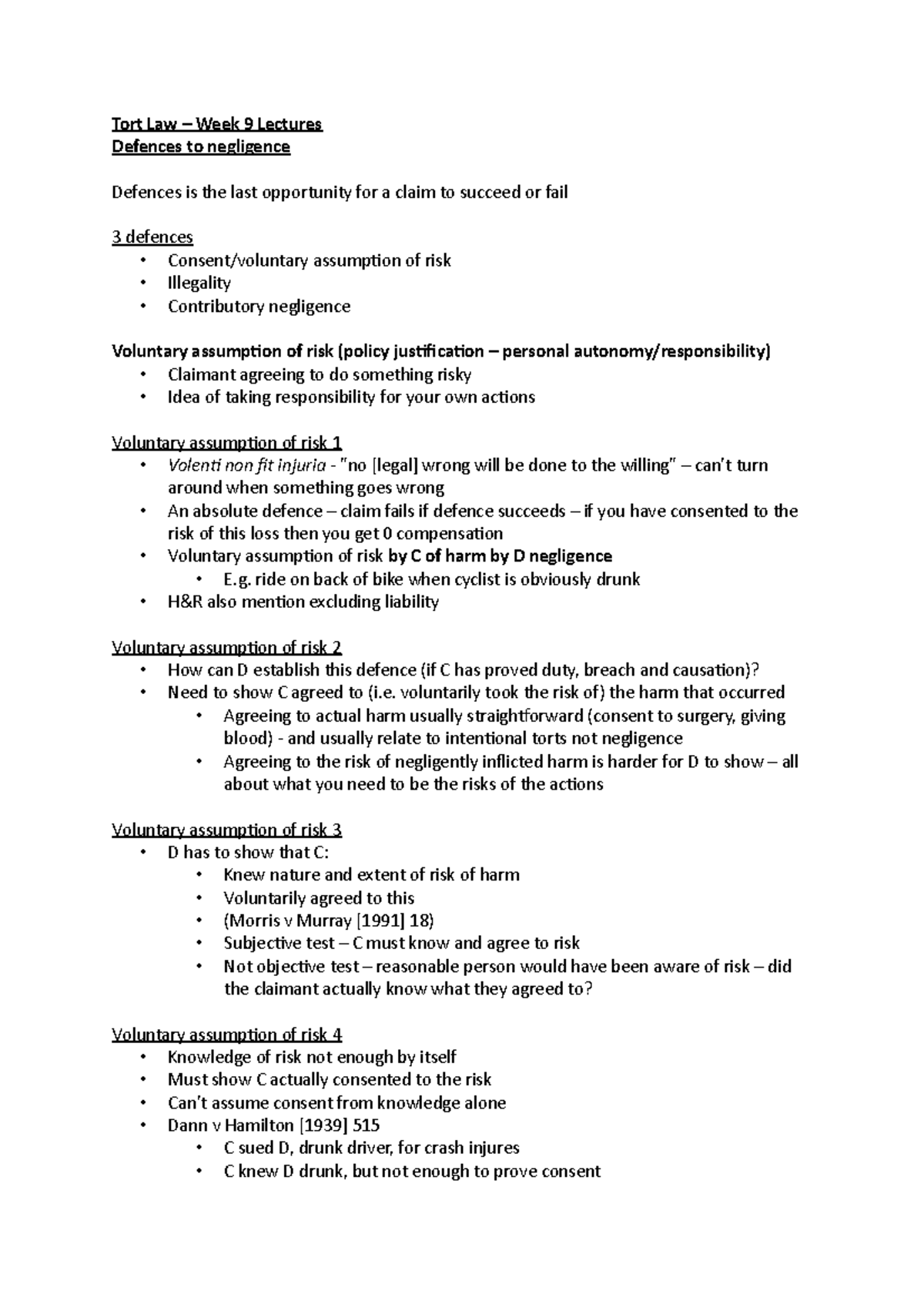 Tort Law (LAW101) - Week 9 Lecture Notes on Negligence Defences - Studocu