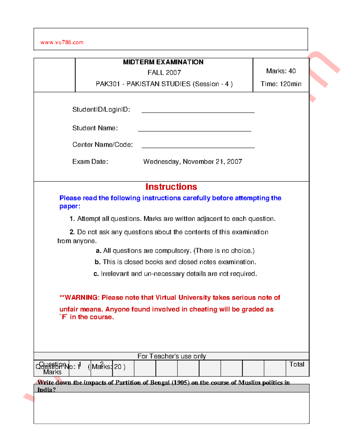 FALL 2007 PAK301 MIDTERM EXAMINATION PAKISTAN STUDIES - Studocu