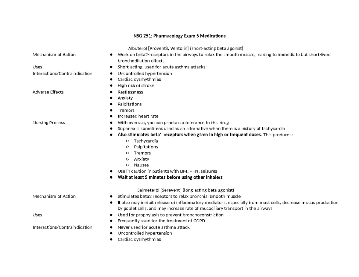 Exam 5 Meds - Medications for Exam 5 - NSG 251: Pharmacology Exam 5 ...