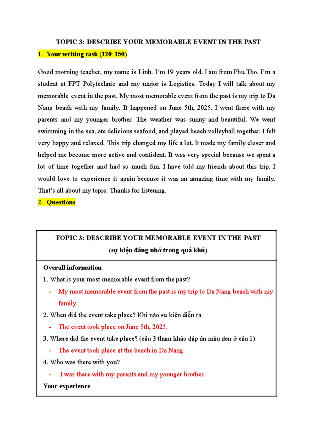 TOPIC 3: MEMORABLE EVENT - MY TRIP TO DA NANG BEACH - Studocu